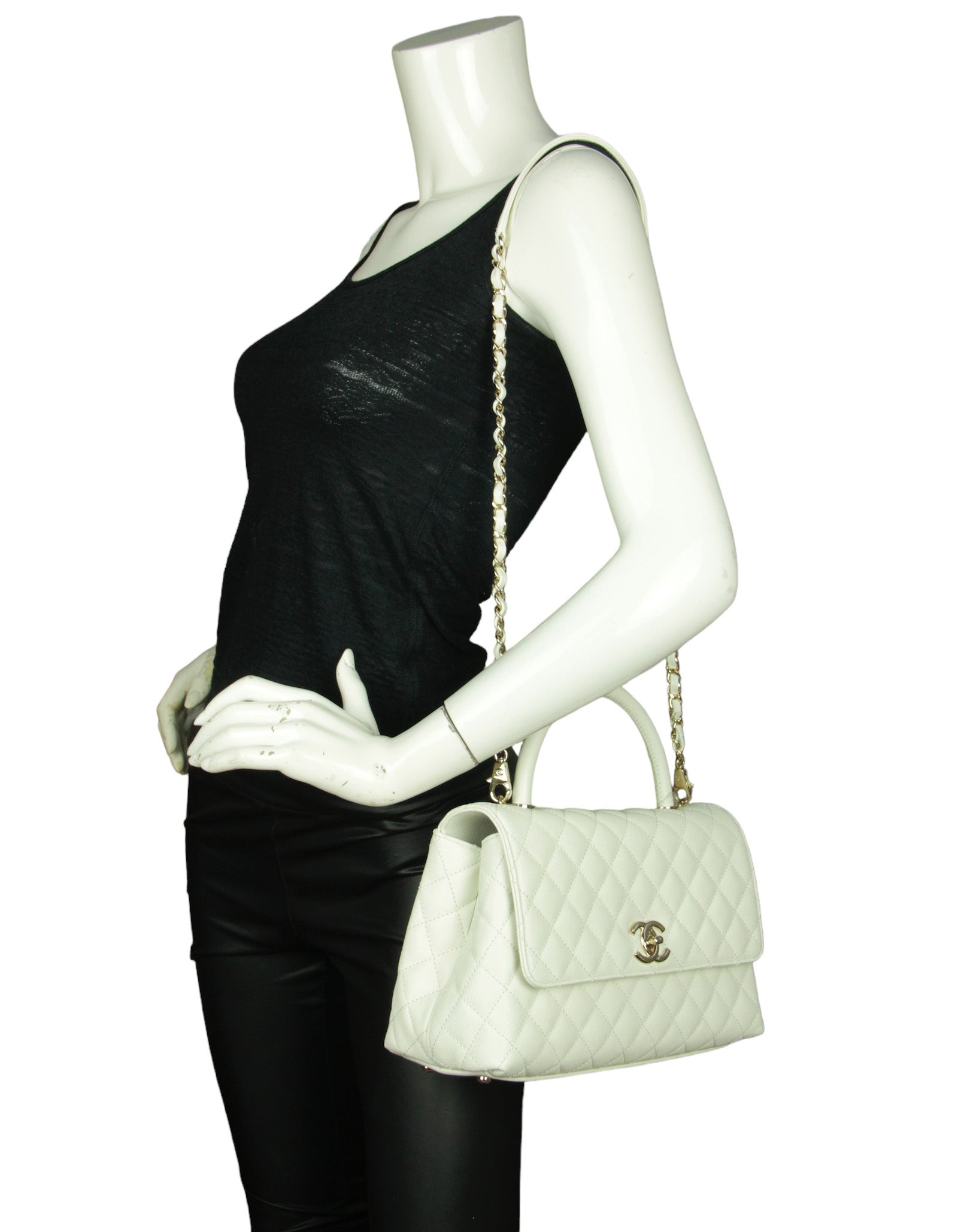 3CHANEL White Caviar Small Coco Handle Bag Flap Bag 100