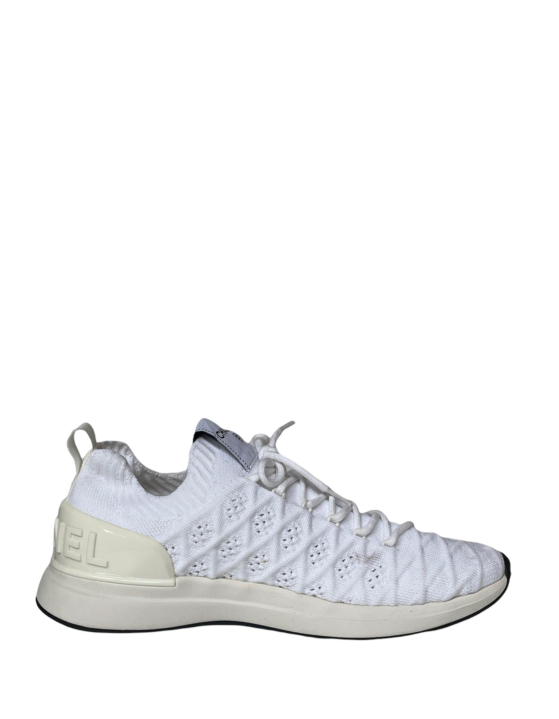 Chanel White Quilted Knit Sock Low Top Athletic Sneakers Sz 38.5