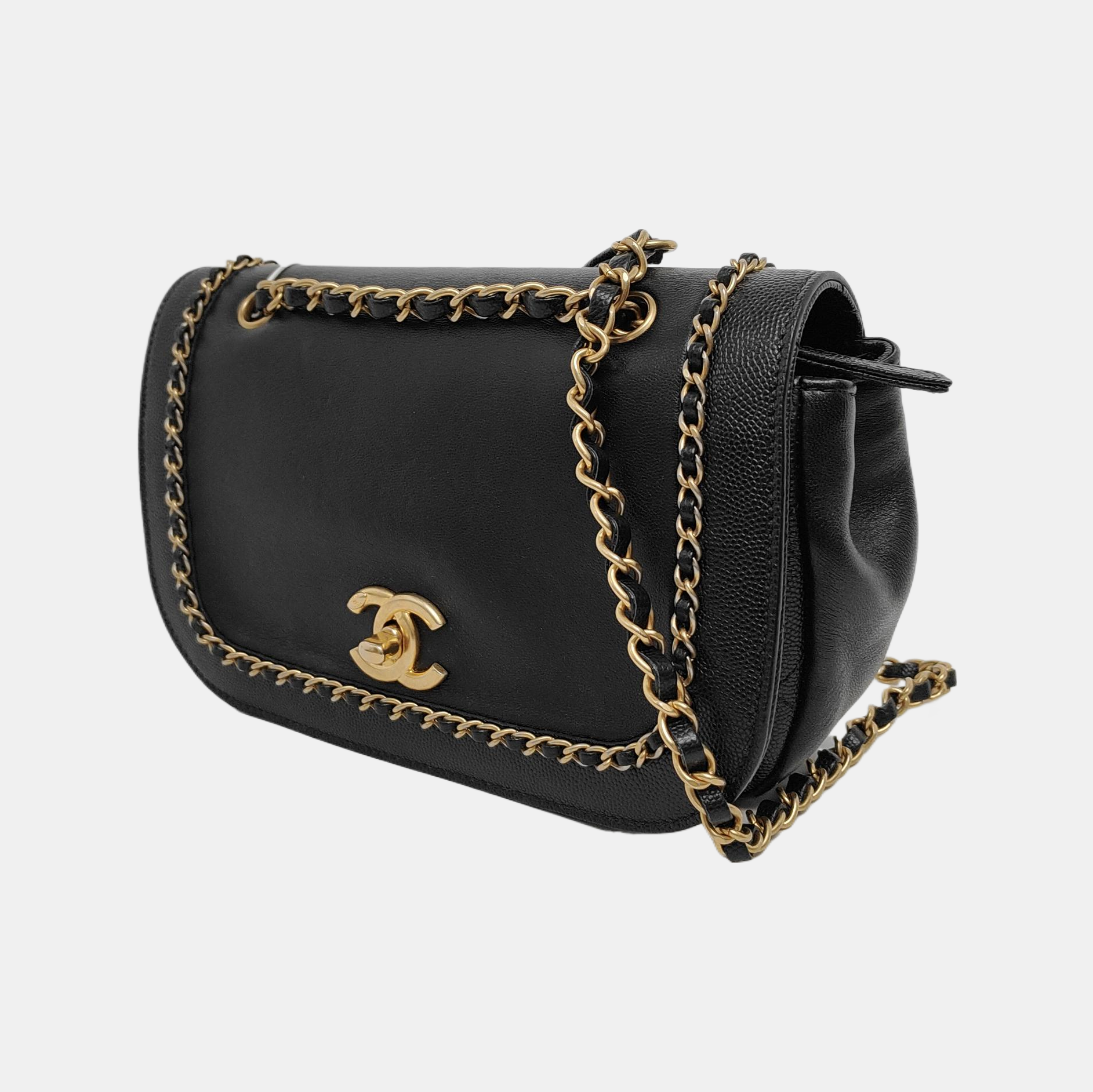 Chanel Lovely Chains Flap Calfskin Hardware -19 Black Gold Leather Shoulder Bag