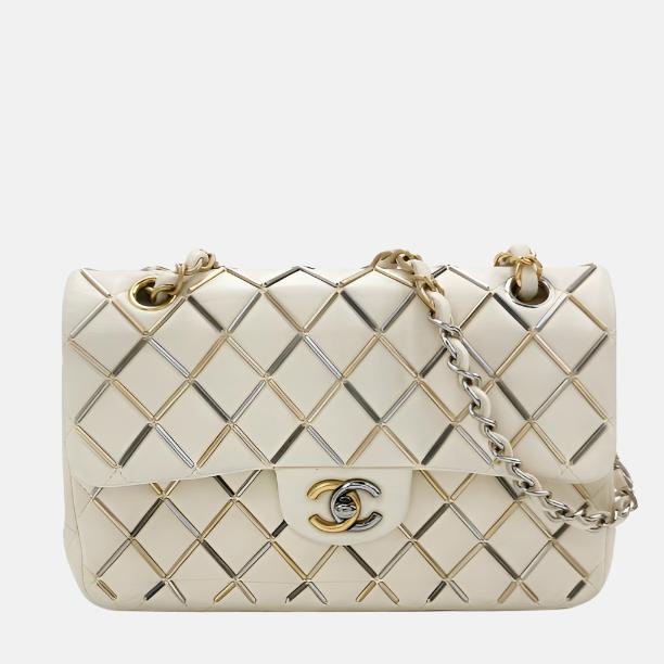 Chanel Classic Flap Gilt Hardware White Silver Small Leather Handbag