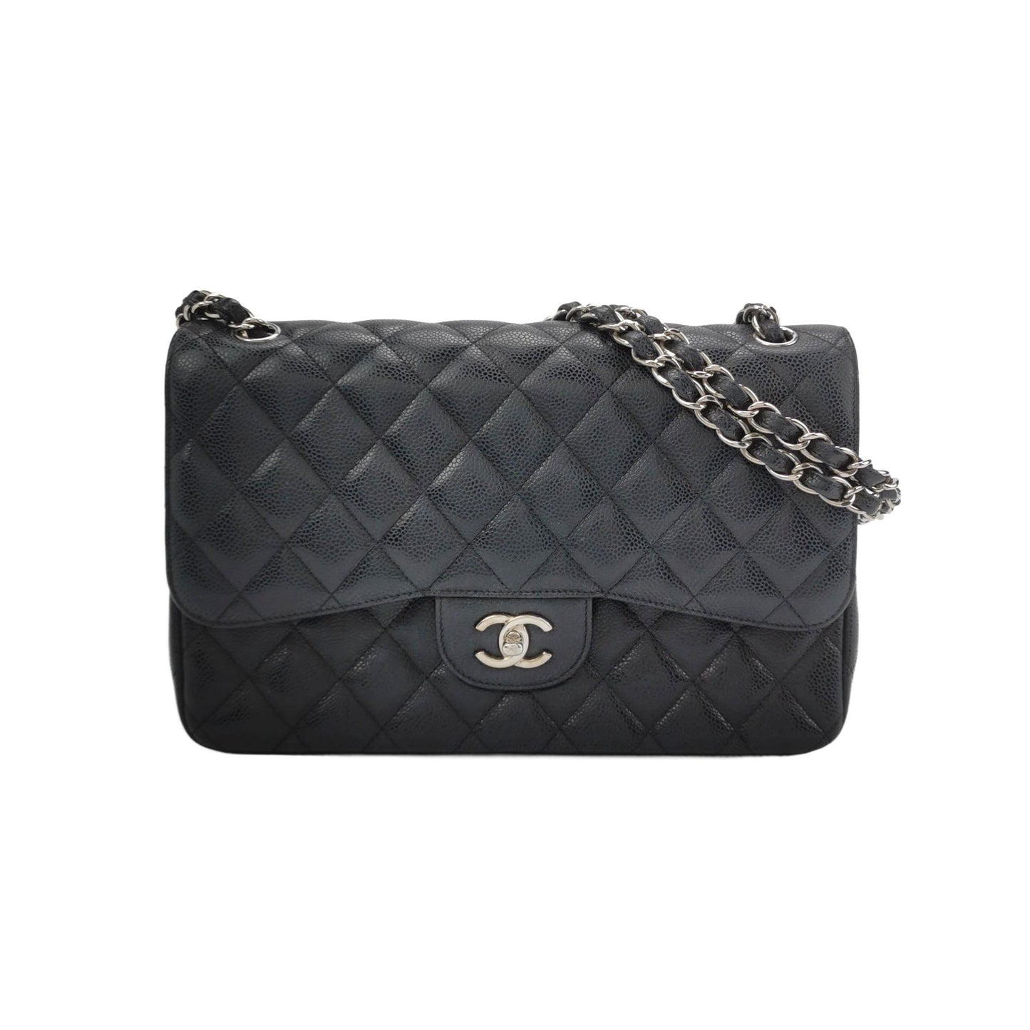 Chanel Classic Flap Jumbo Caviar Double Flap Black Silver Leather Handbag 3