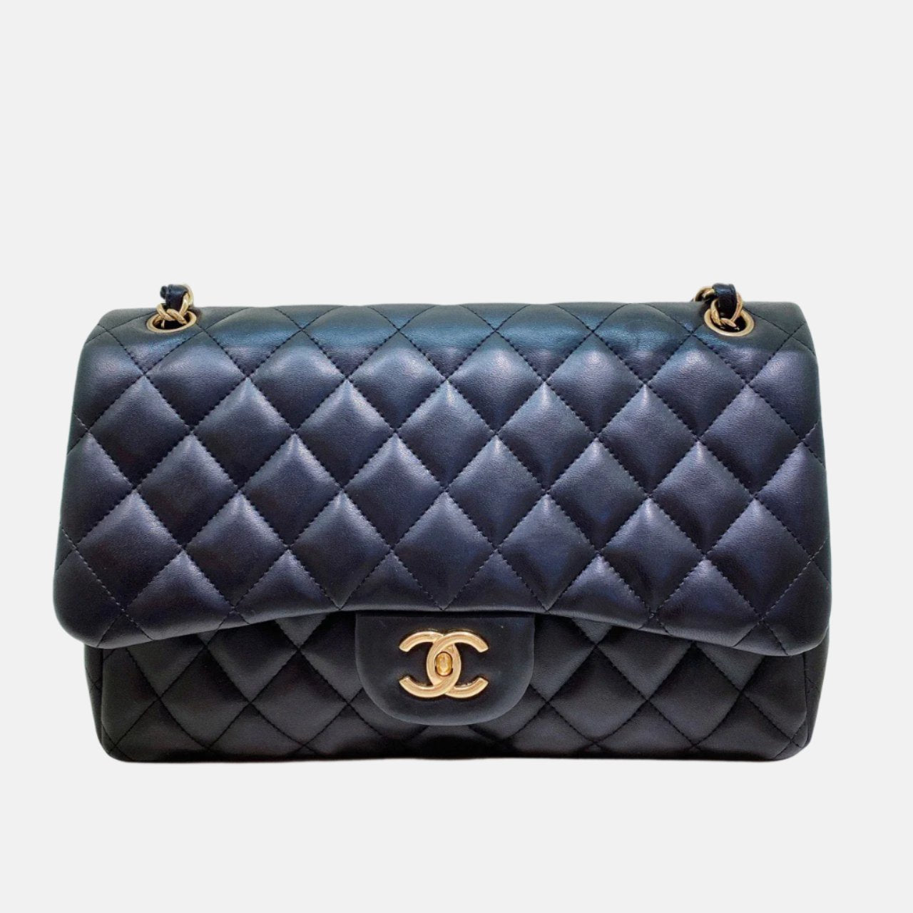 Chanel Classic Flap Jumbo Lambskin Double Flap Black Gold Leather Handbag