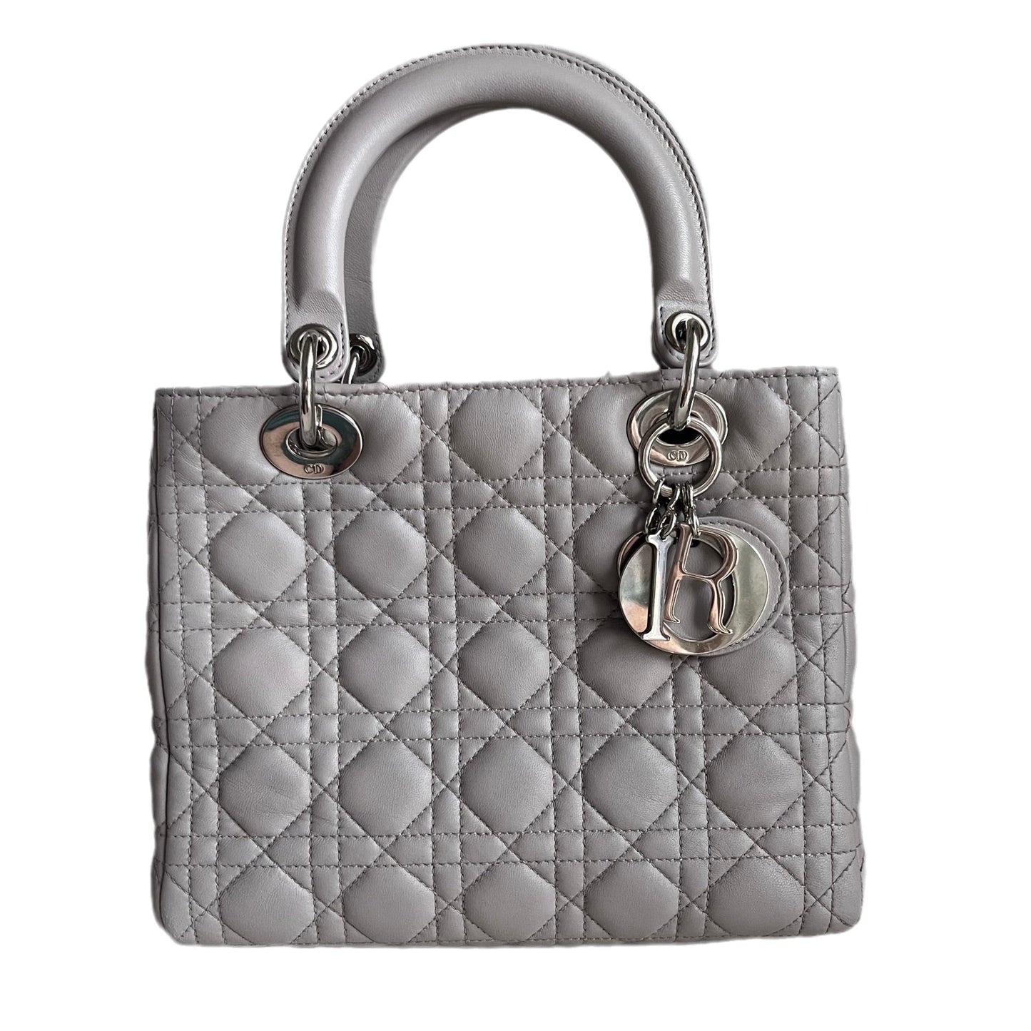 Dior Lady Grey Cannage No Strap Handbag Leather Medium Travel Bag