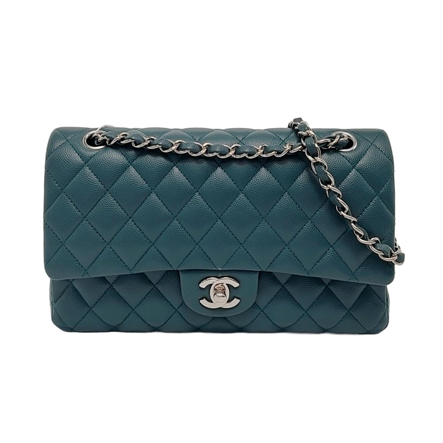 Chanel Classic Flap Teal Caviar Hardware Green Silver Leather Handbag
