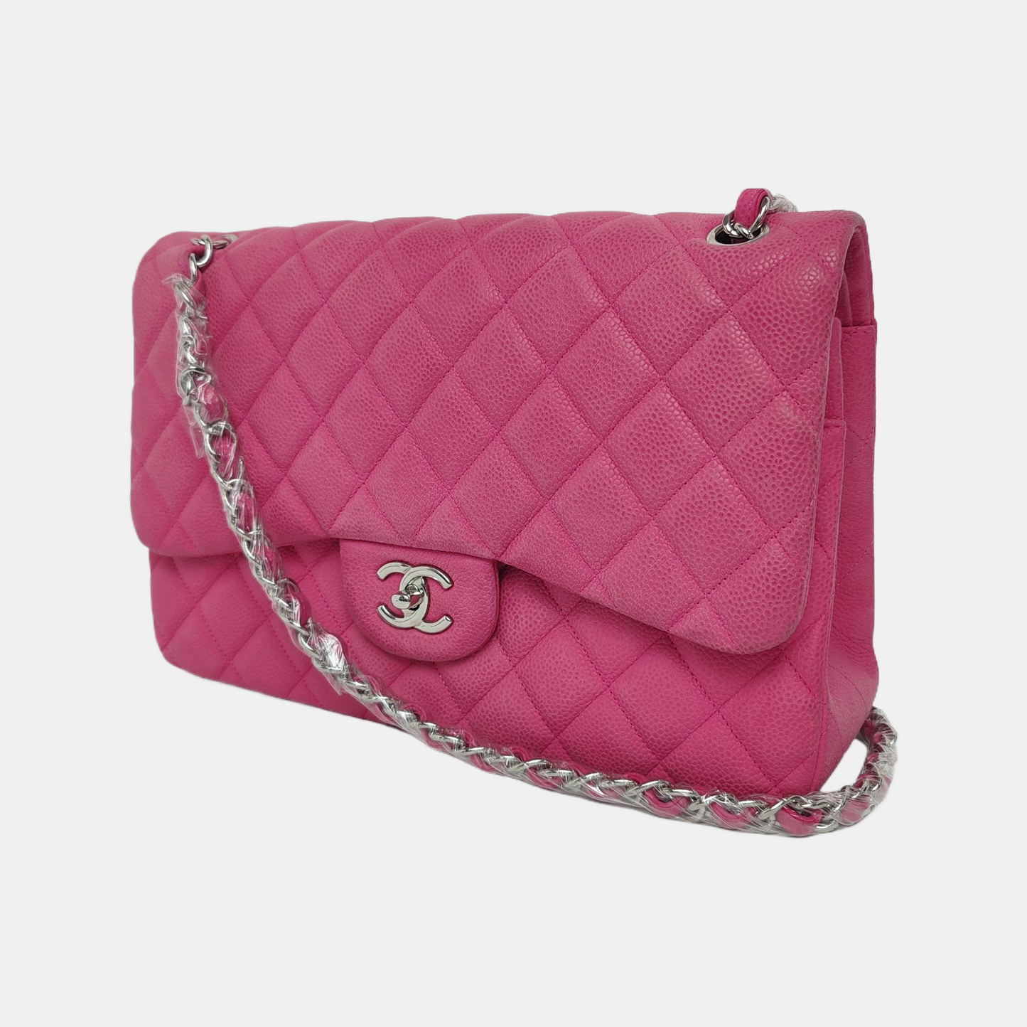 Chanel Classic Flap Jumbo Caviar Double Flap Pink Silver Leather Handbag
