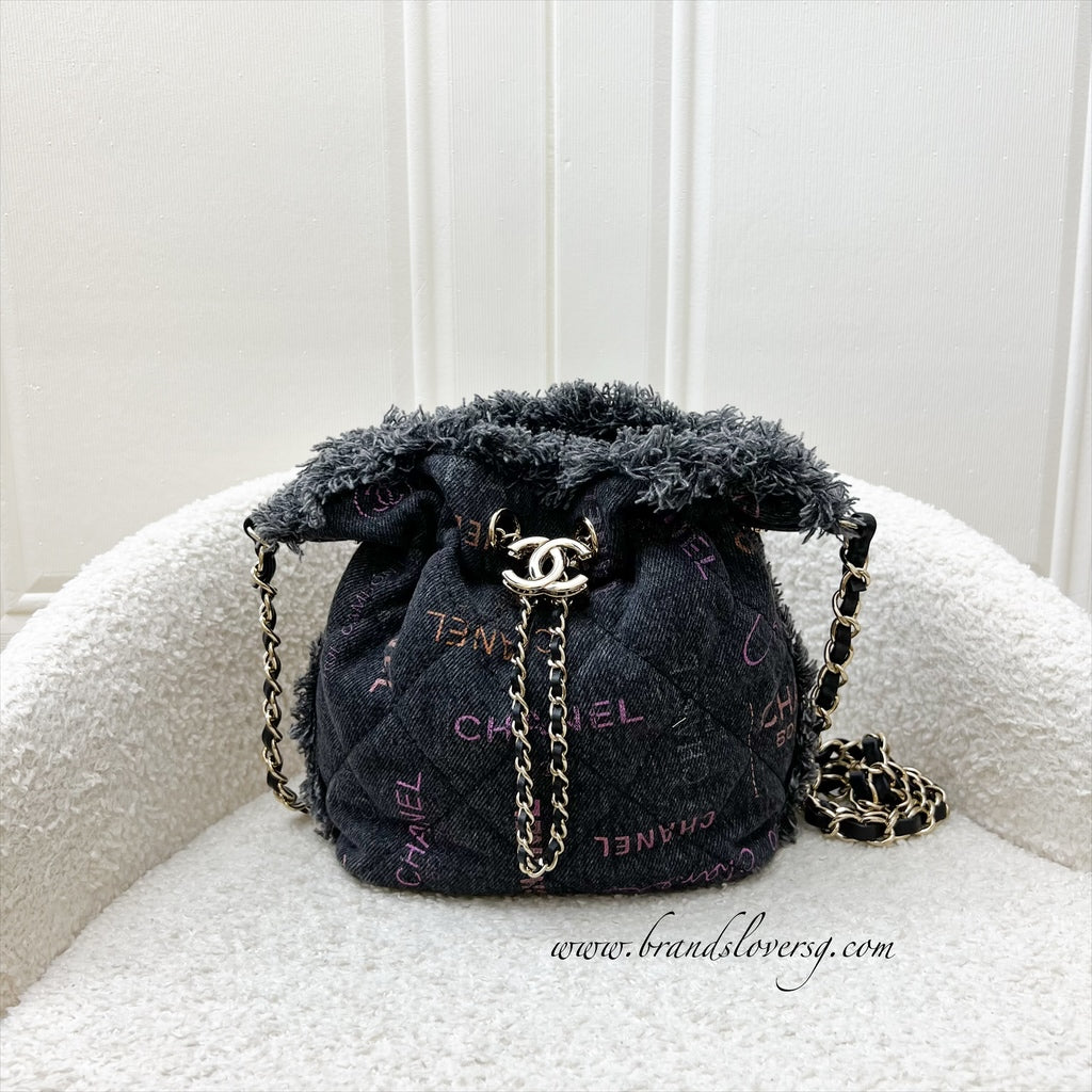 Chanel 22P Denim Mood Mini Drawstring Bucket Bag in Black Printed Denim and Lghw
