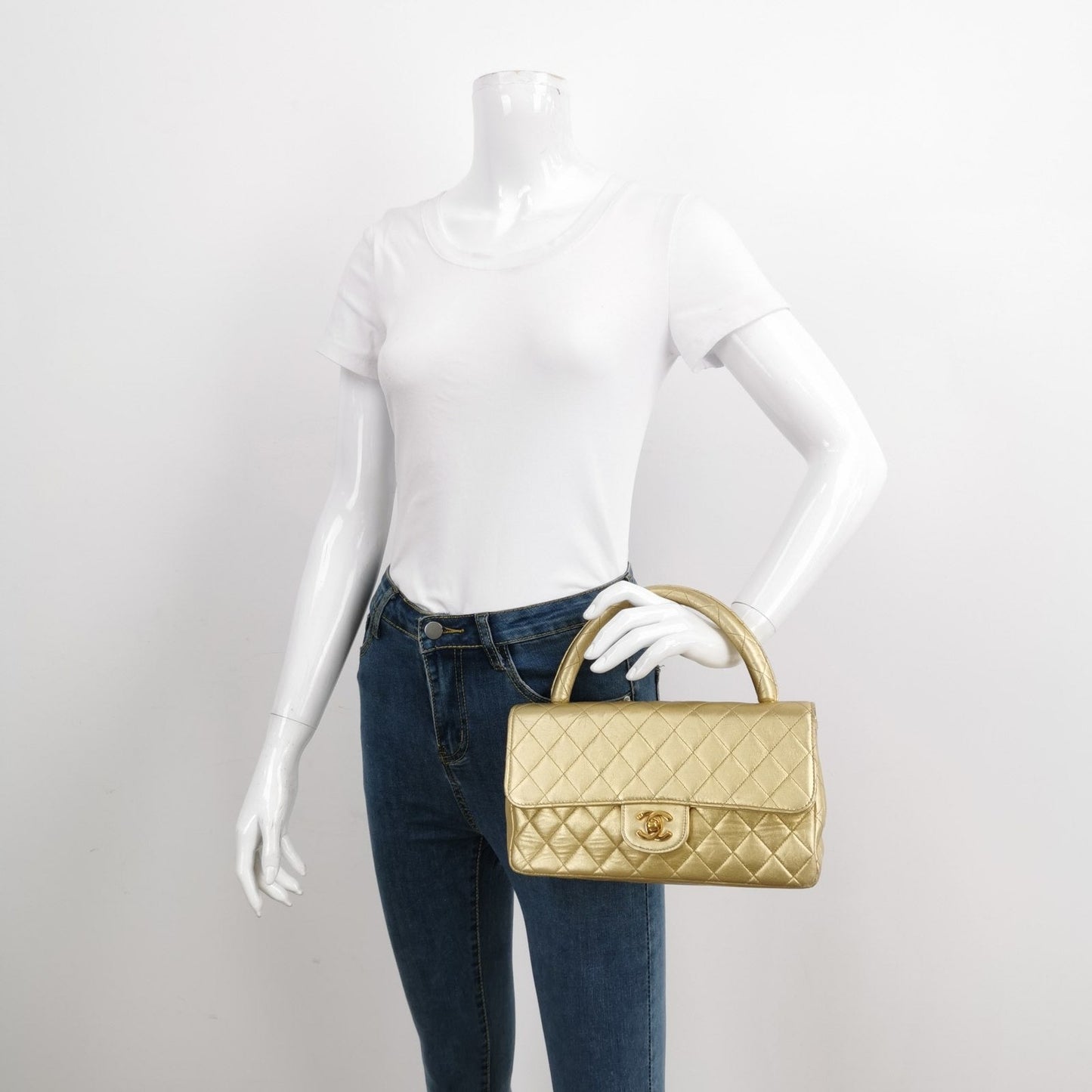 Chanel Classic Flap Kelly Top Handle Gold Leather Handbag