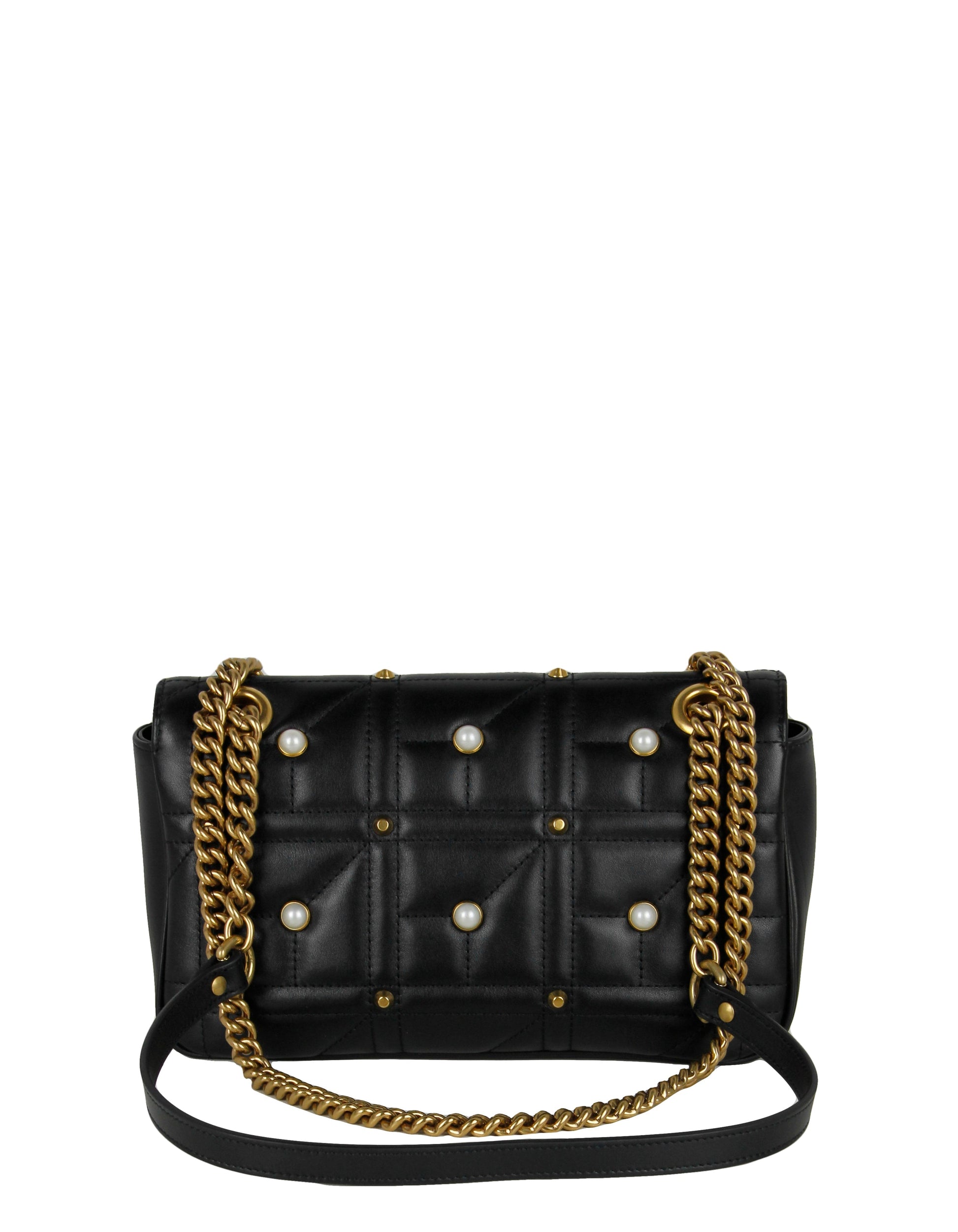 Gucci NWT Black Small GG Marmont Matelassé Pearl Studded Shoulder Bag