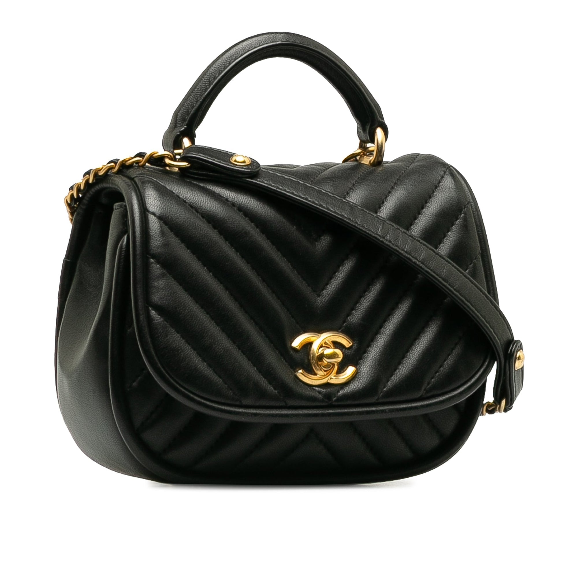 CHANEL Mini Reverse Quilted Chevron Lambskin Round Satchel