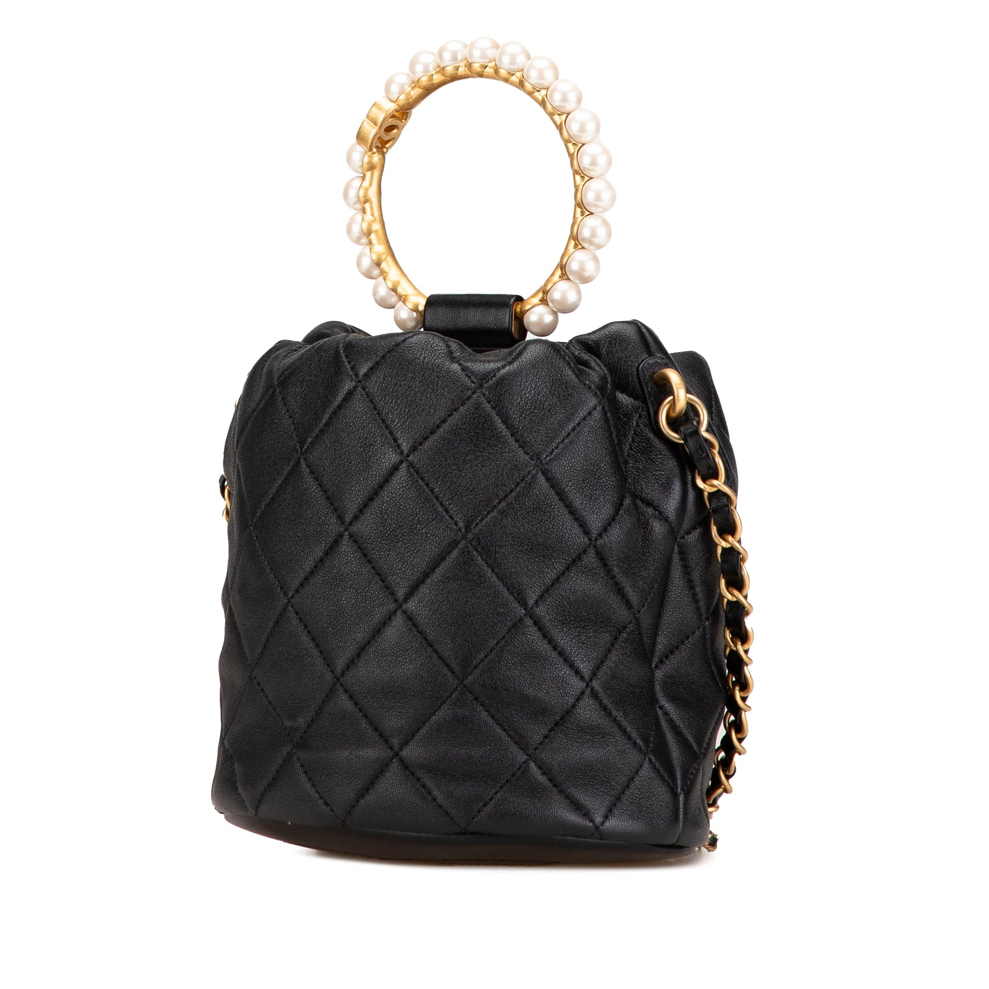 Black Chanel Quilted Lambskin Pearl Crown Drawstring Bucket Bag