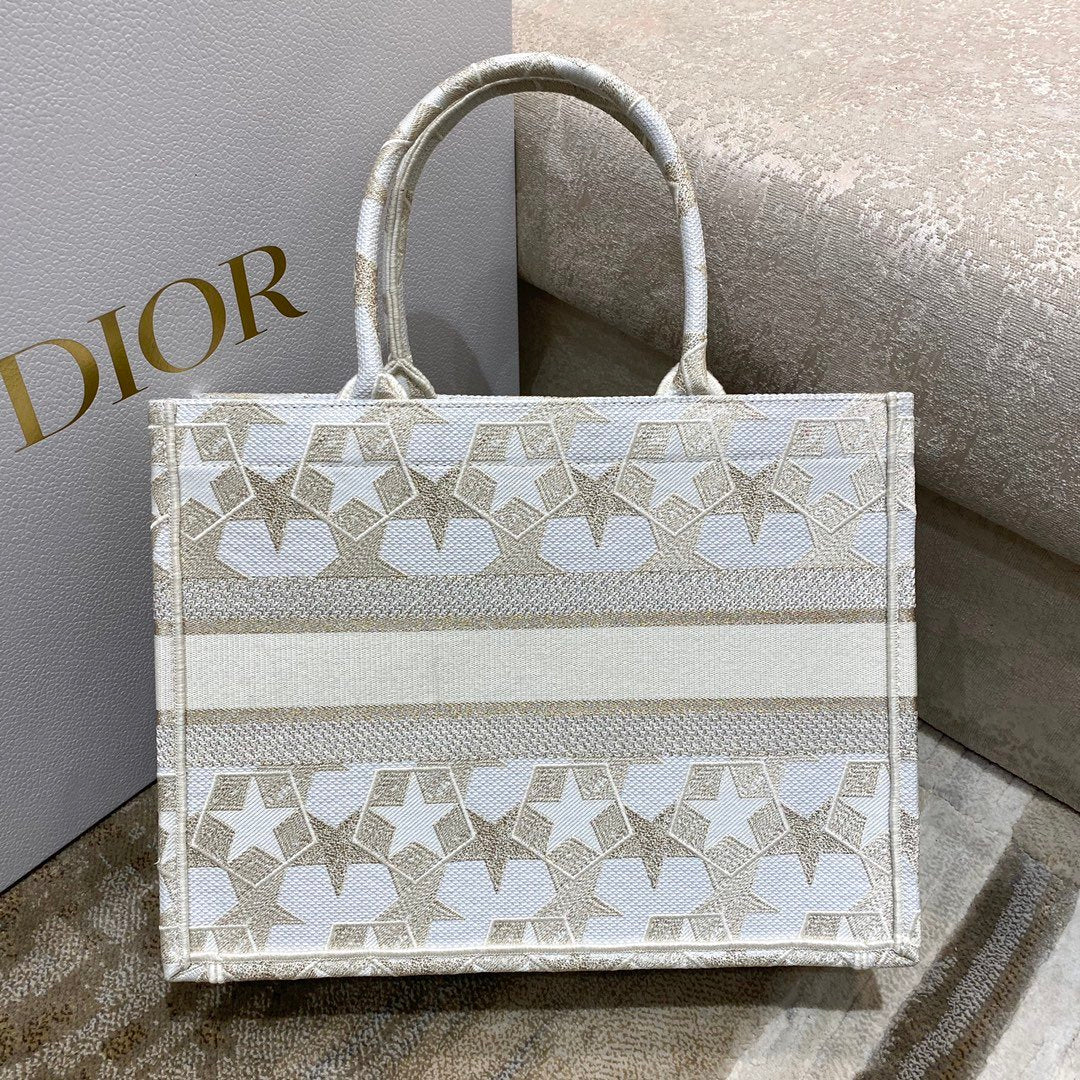 Metop Qualityum Book Embroidery Stars Beige Gold Book Tote Bag