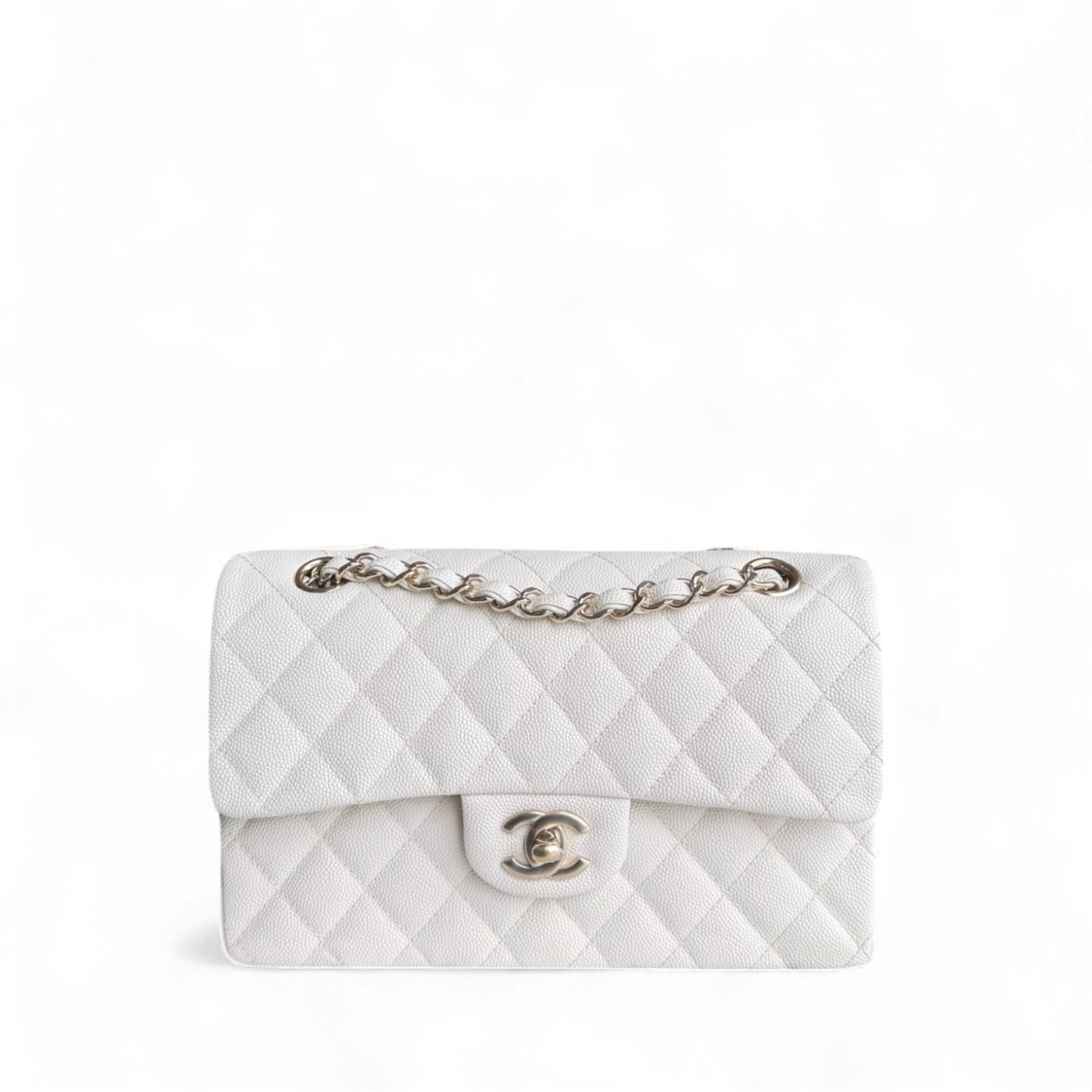 Chanel Classic Flap Small - Caviar 23CM Quilted Grained Calfskin White Light Gold Hardware Microchipped