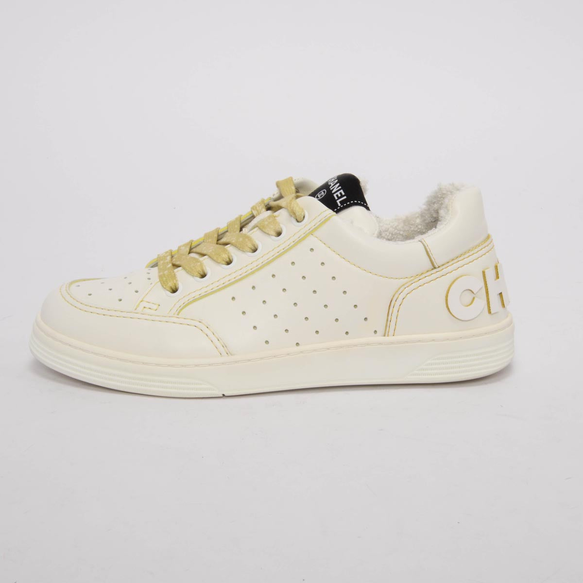 Chanel White & Yellow Calfskin Logo Sneakers 37.5 for Women