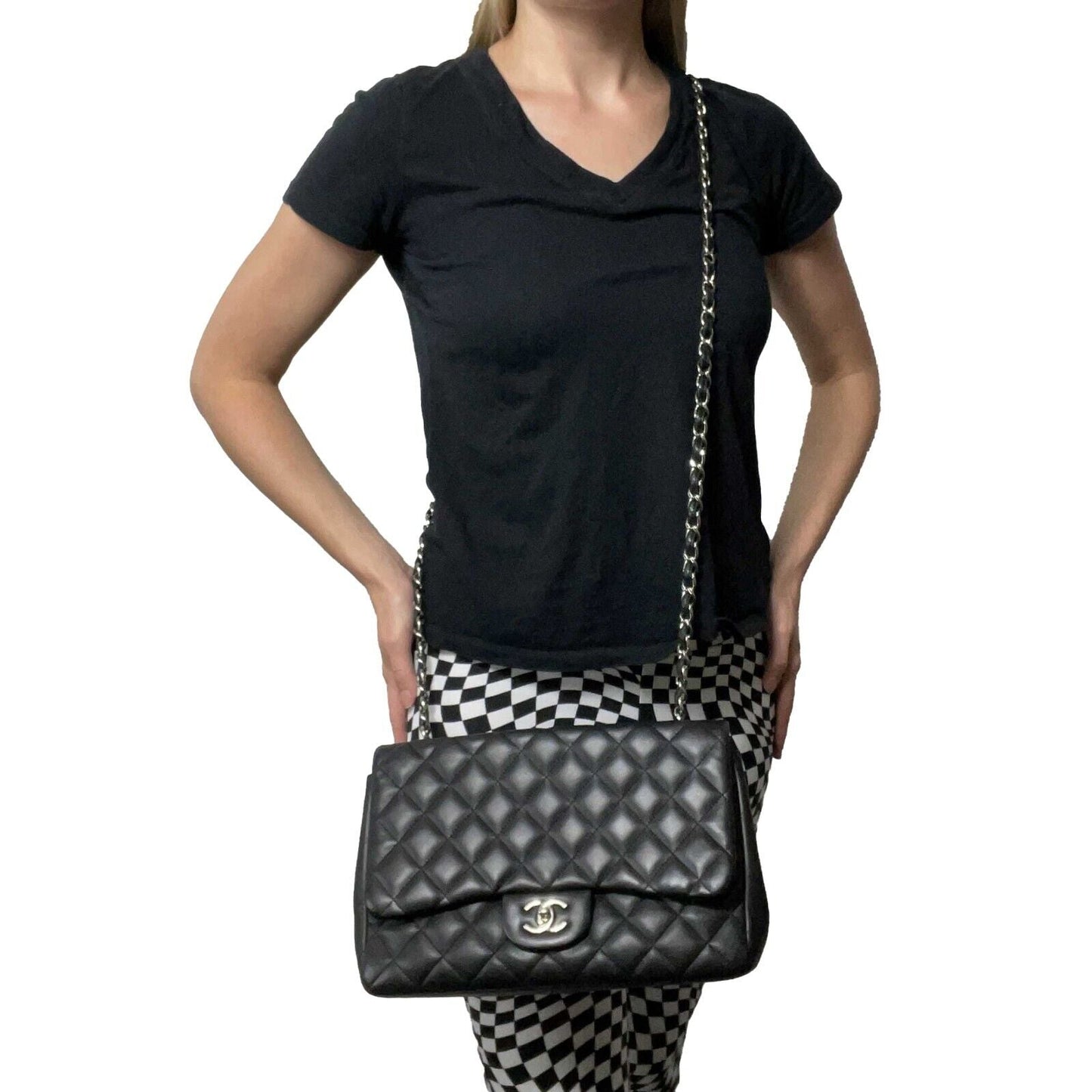 CHANEL - Jumbo Classic New CC Quilted Black Lambskin Shoulder Bag / Crossbody