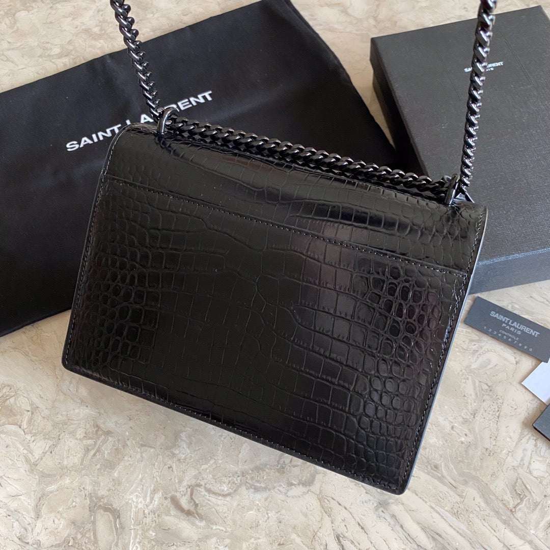 YSL Saint Laurent Sunset 8in 22cm Black Medium Chain Travel Bag
