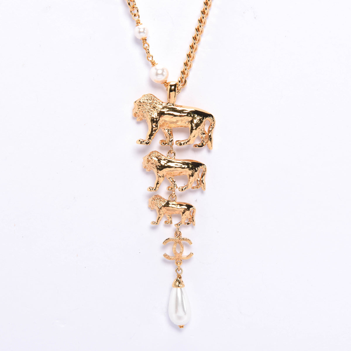 Chanel Gold Pearl 3 Lions CC Necklace