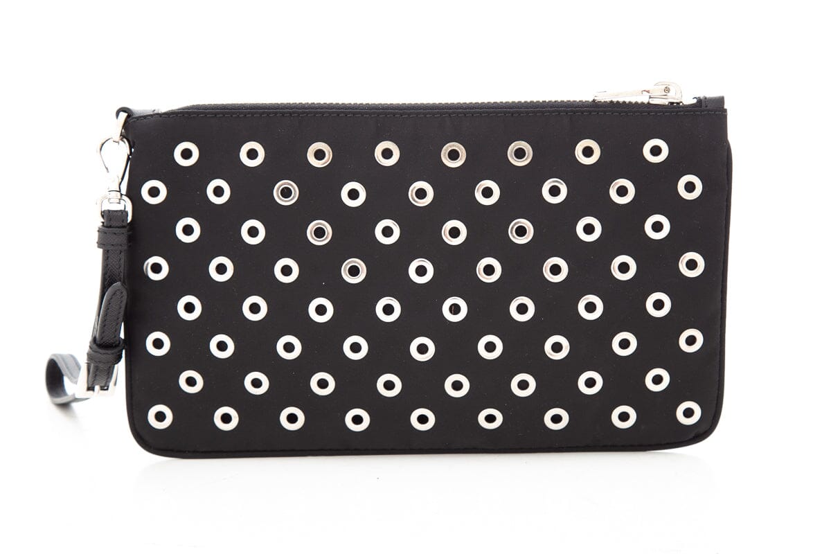 Prada Grommet Studded Pouch Luxury Handbag Black Silver Clutch Bag