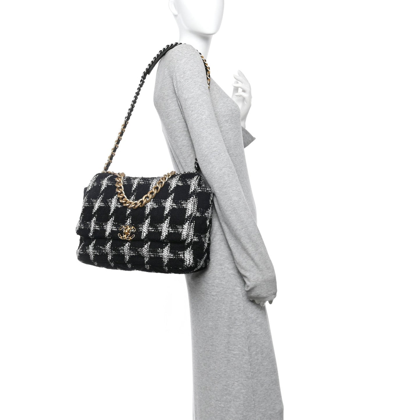 Chanel Tweed Quilted Maxi 19 Flap Black White Handbag