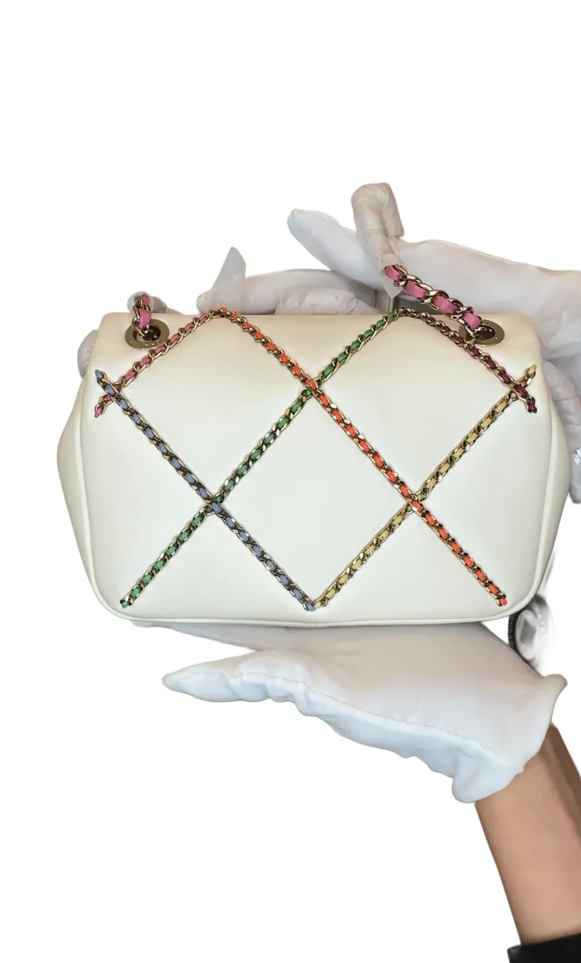 CHANEL Lambskin Small Entwined Chain Flap White Multicolor B-