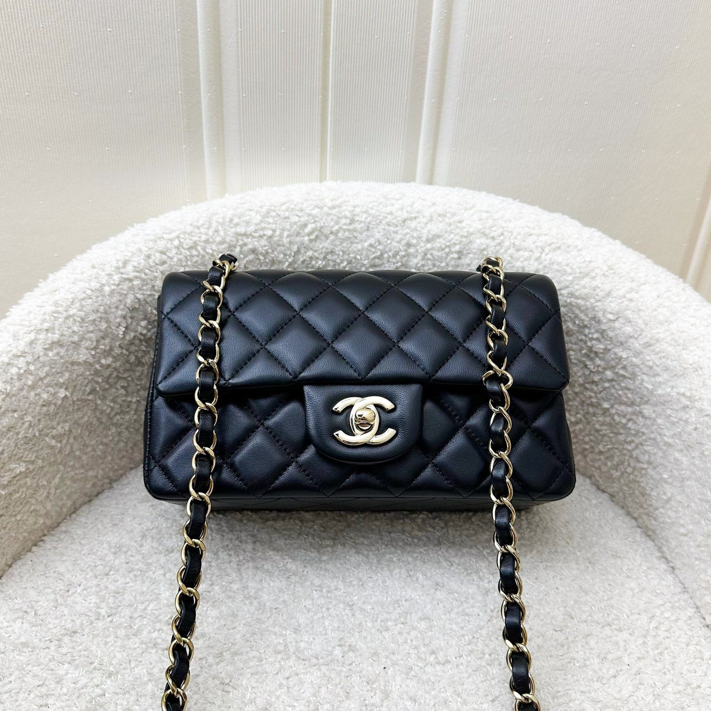Chanel Classic Mini Rectangular Flap in Black Lambskin and Lghw Handbag
