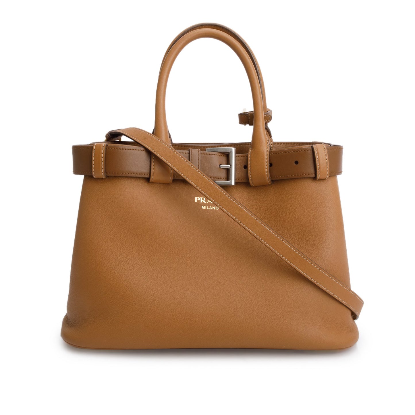 Prada Nappa Buckle Handbag Leather Brown Travel Bag