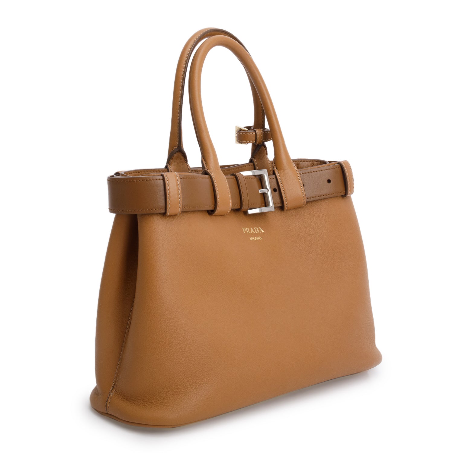 Prada Nappa Buckle Handbag Leather Brown Travel Bag