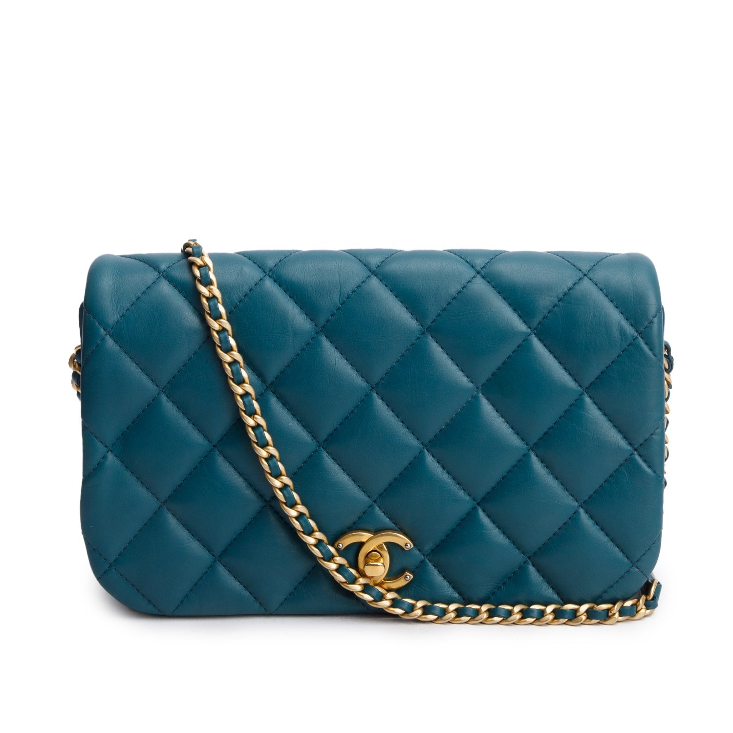 Chanel Teal Quilted Nailed CC Flap Calfskin Travel Bag