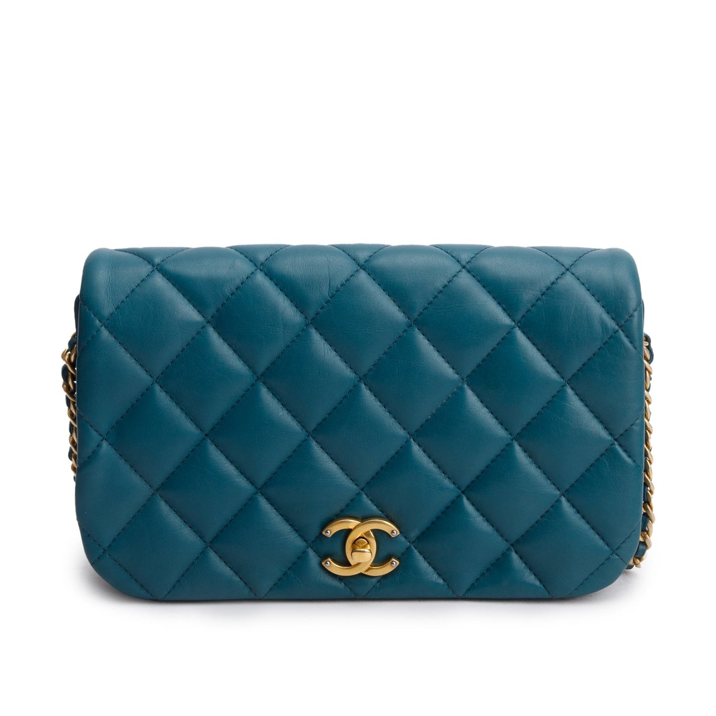Chanel Teal Quilted Nailed CC Flap Calfskin Travel Bag