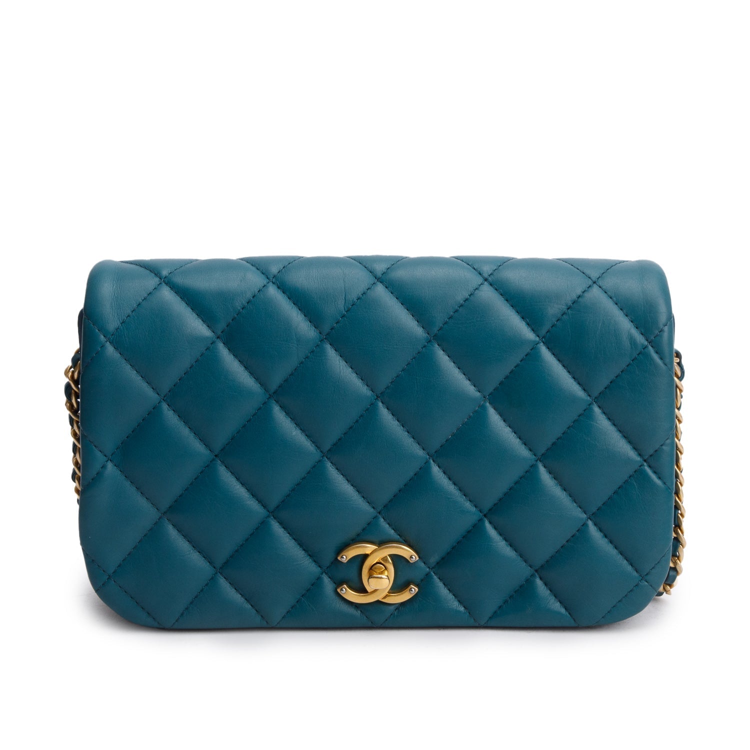 Chanel Teal Quilted Nailed CC Flap Calfskin Travel Bag
