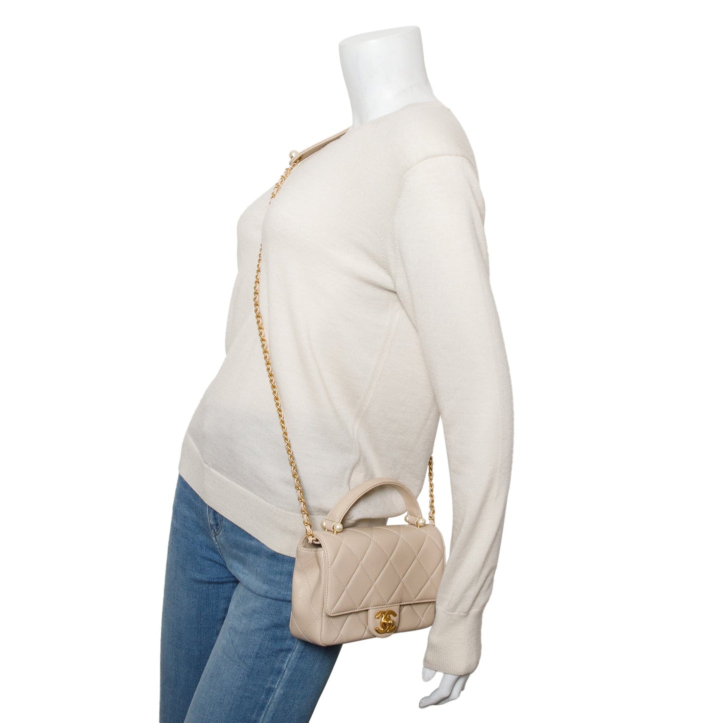 Chanel Quilted Top Handle Flap Pearl Lambskin Beige Travel Bag