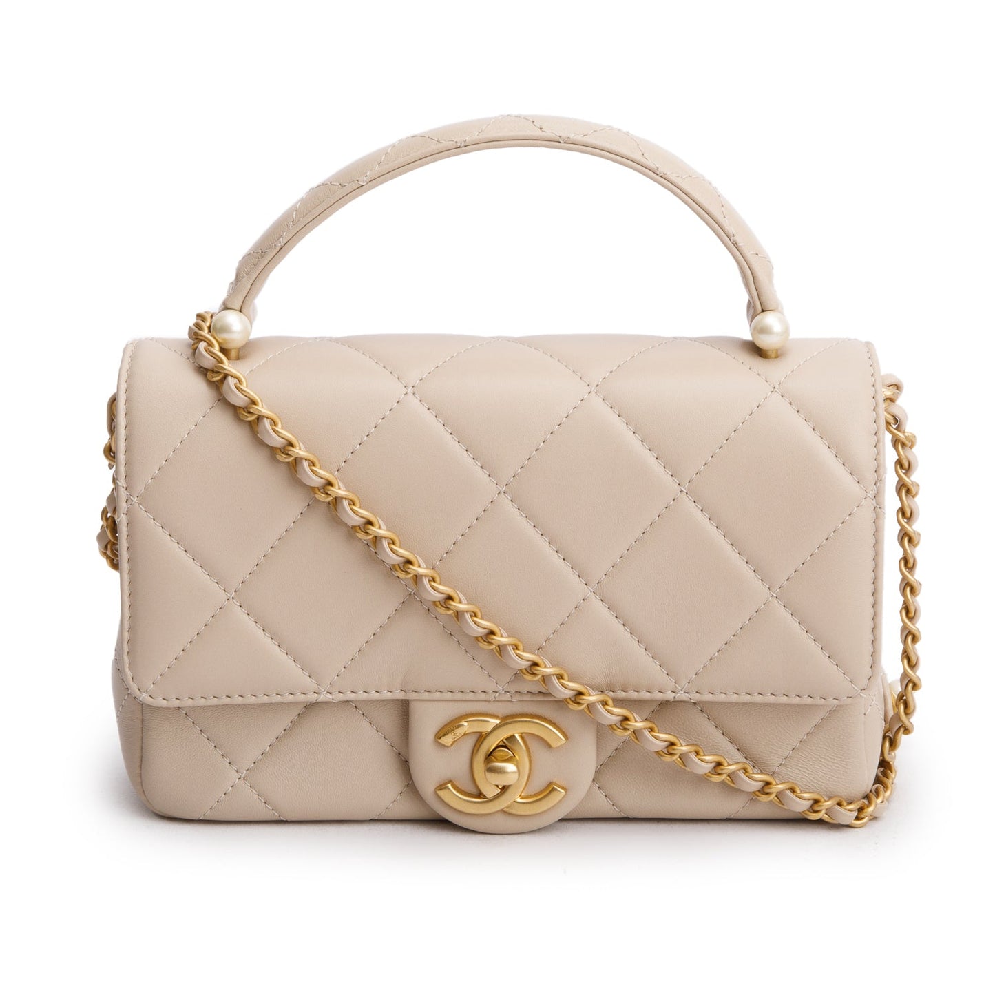 Chanel Quilted Top Handle Flap Pearl Lambskin Beige Travel Bag