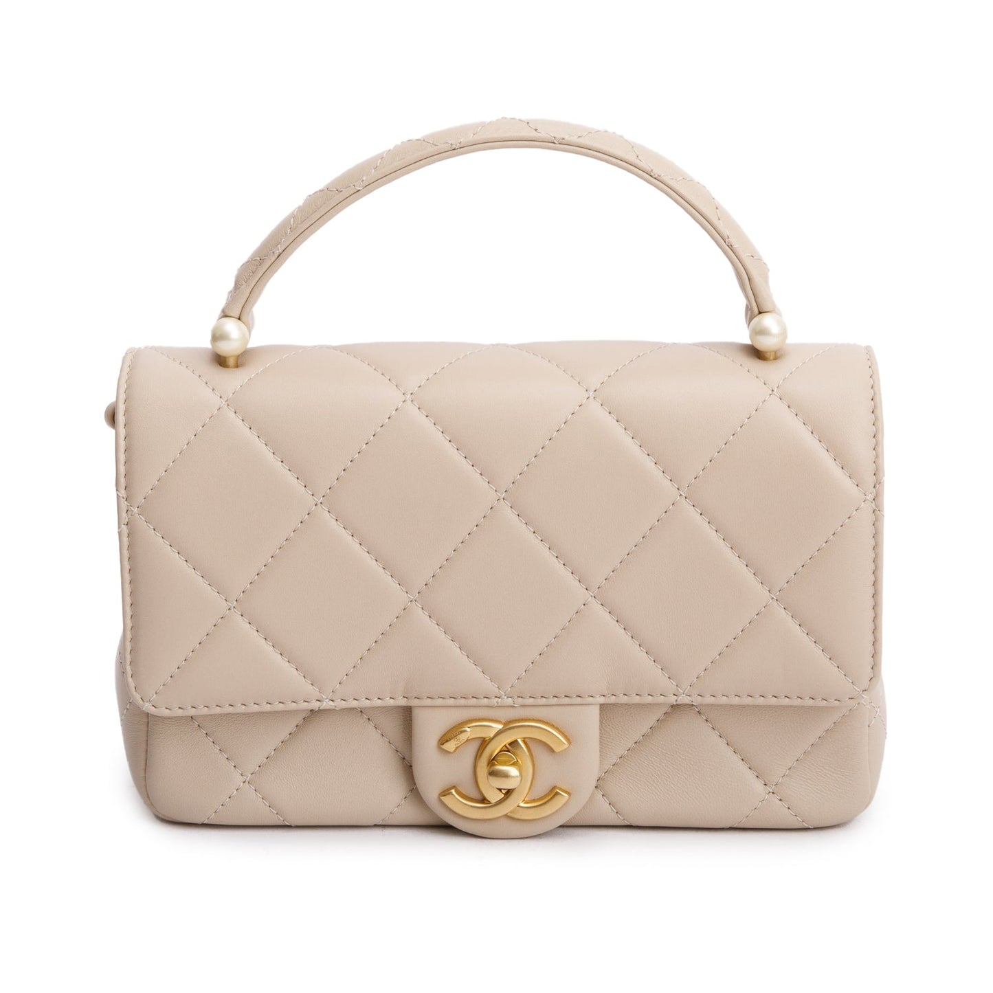 Chanel Quilted Top Handle Flap Pearl Lambskin Beige Travel Bag