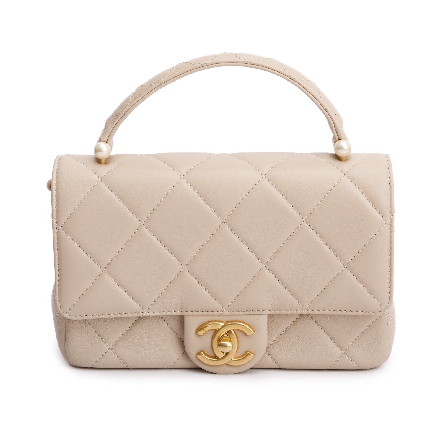 Chanel Quilted Top Handle Flap Pearl Lambskin Beige Travel Bag