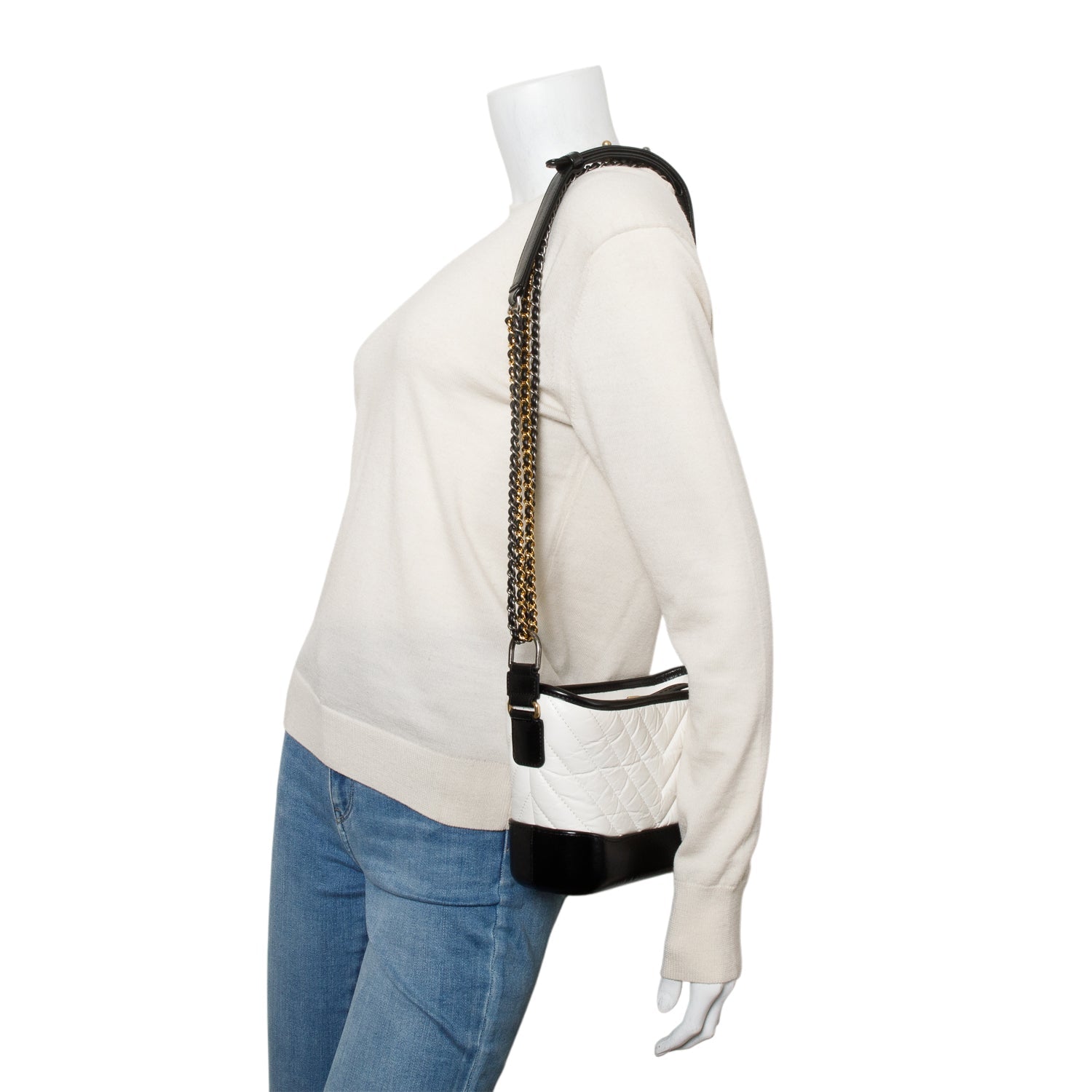 Chanel & Aged Chevron Quilted Gabrielle Leather Calfskin Black White Travel Bag