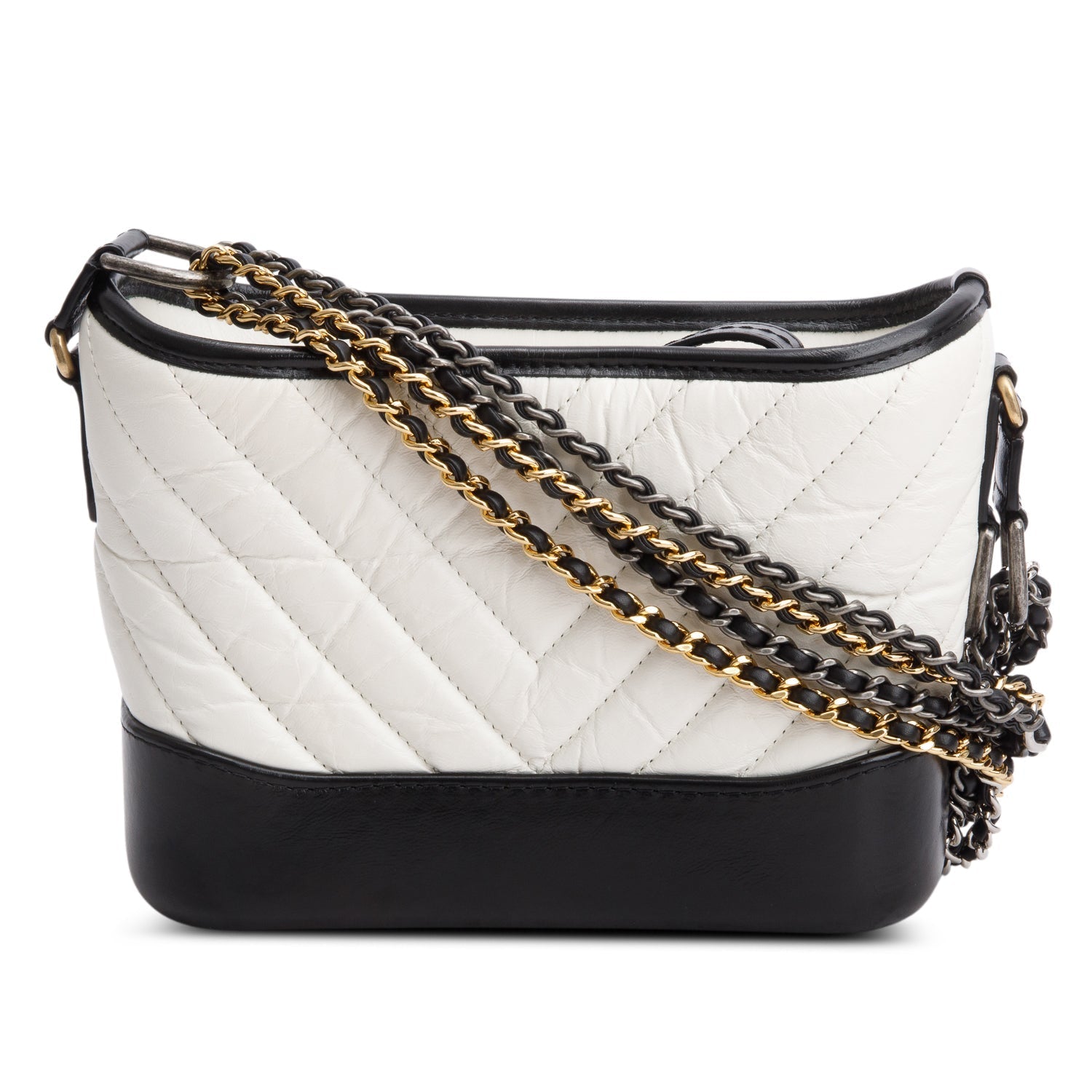 Chanel & Aged Chevron Quilted Gabrielle Leather Calfskin Black White Travel Bag
