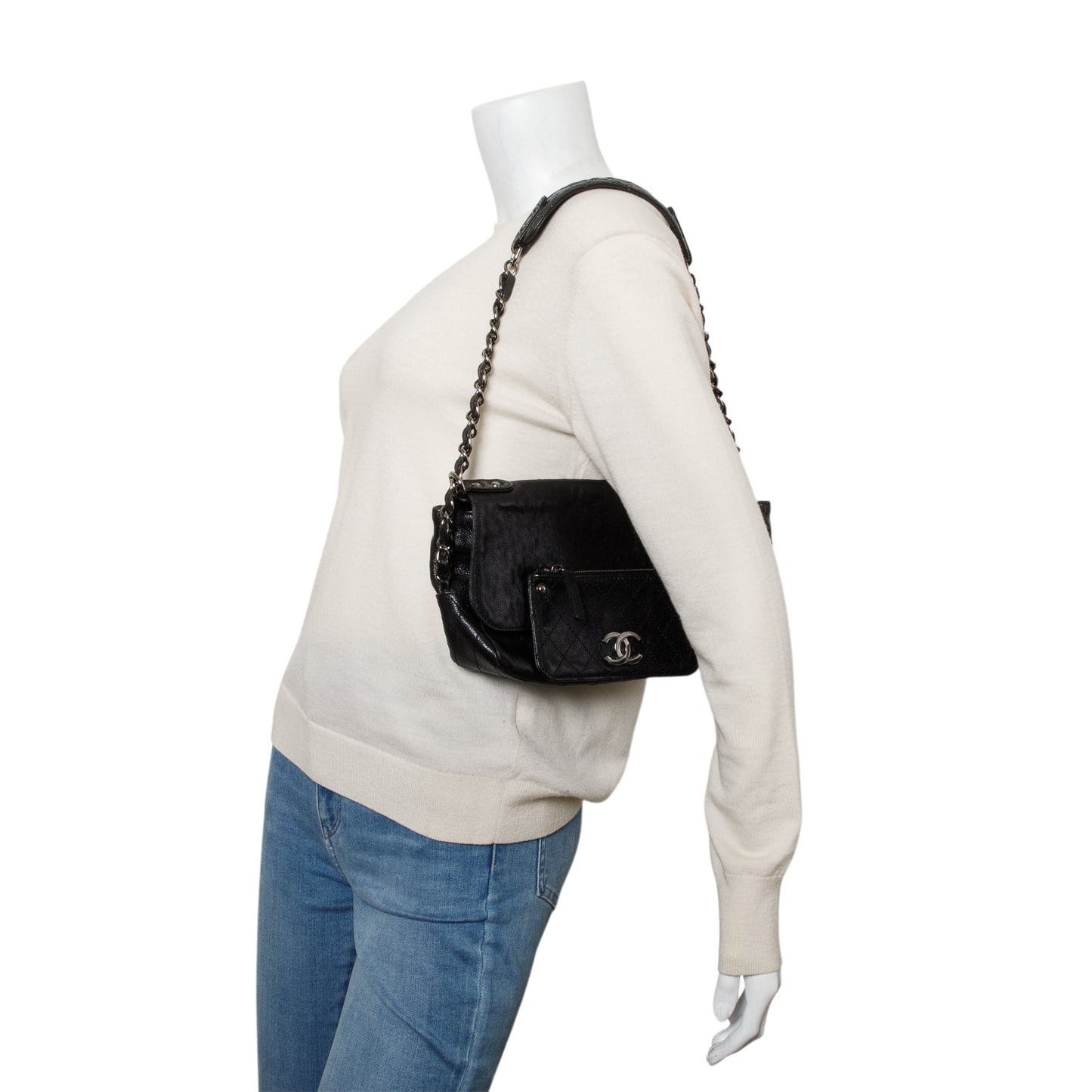 Chanel Caviar Pocket City Flap Leather Black Travel Bag