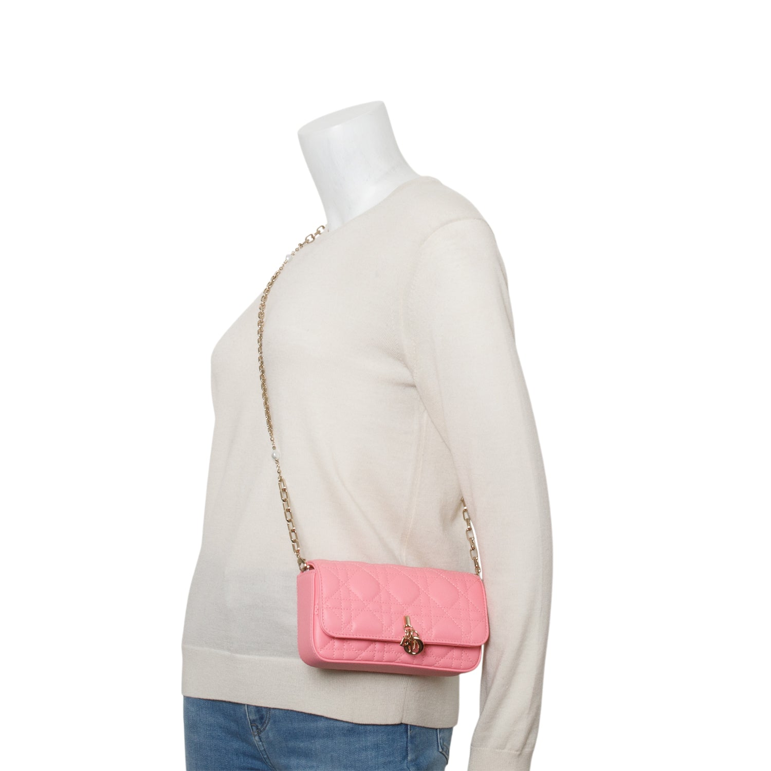 Dior Christian Lambskin Cannage Talk Phone Pouch Handbag Pink Travel Bag