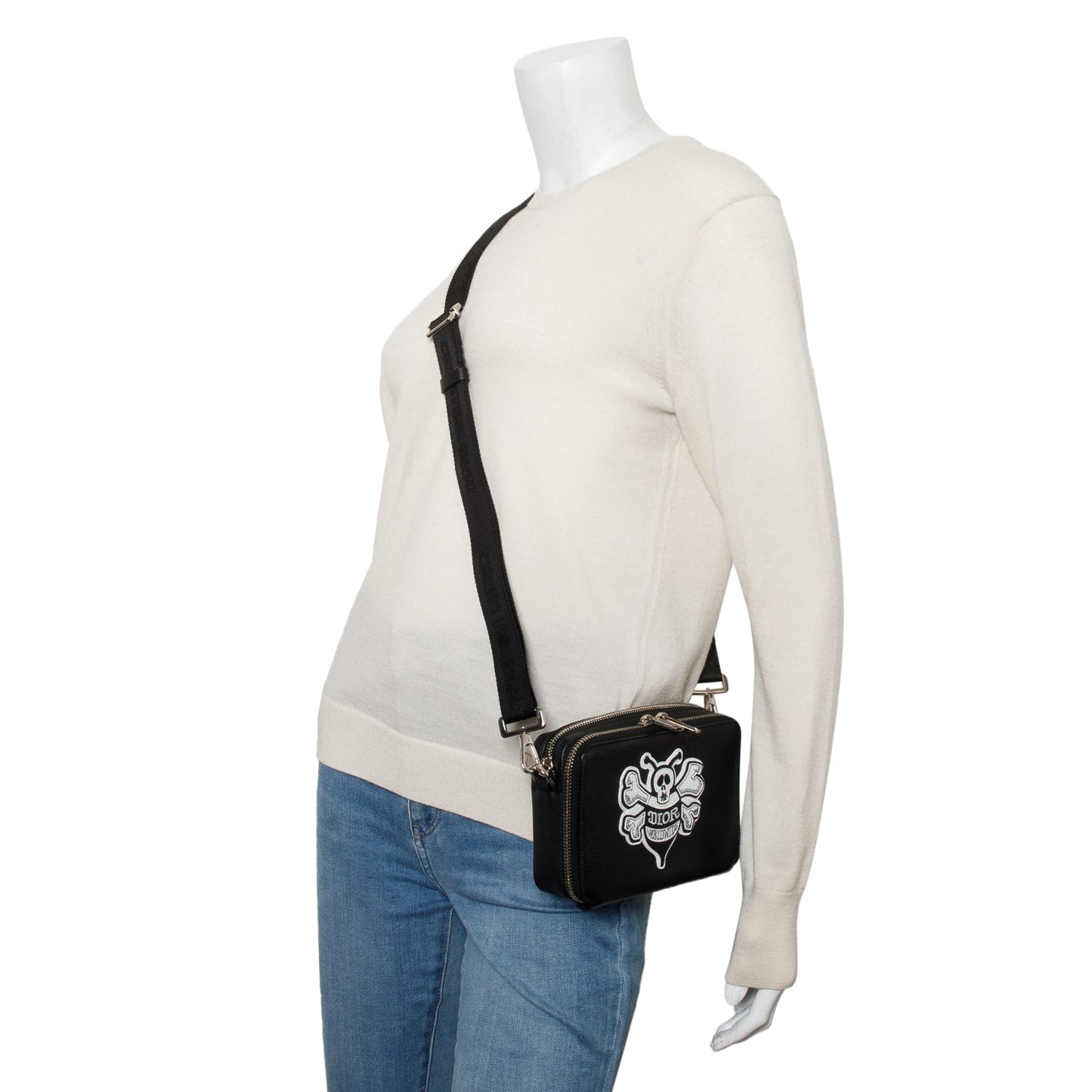 Dior Christian X Shawn Stussy Calfskin Double Zip Leather Black Crossbody Bag