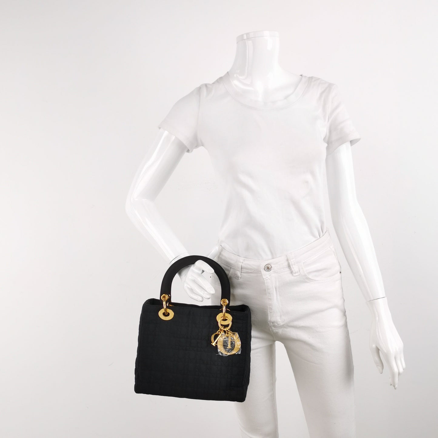 Dior Lady Cloth With Yellow Tone Hardware Handbag Black Gold Travel Bag