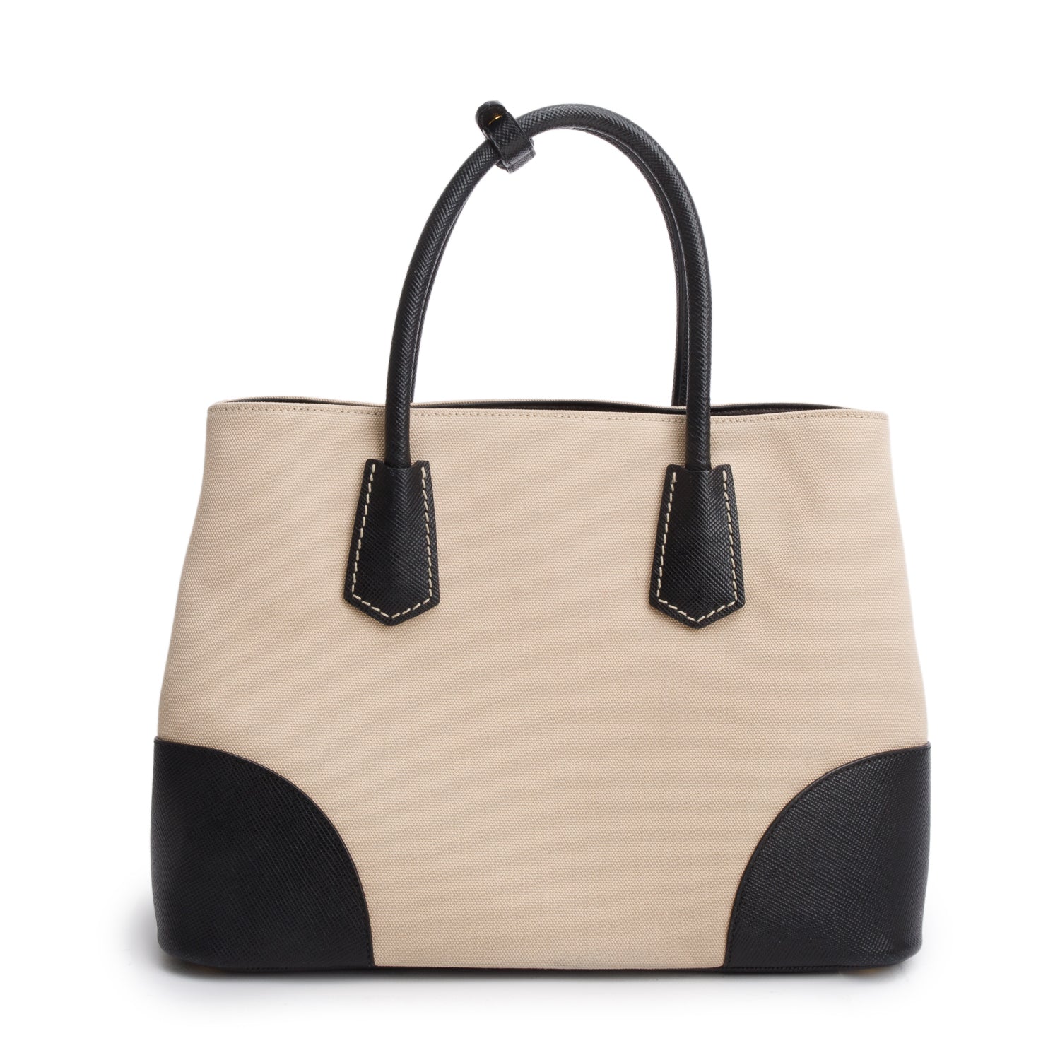 Prada Saffiano Lux And Canapa Galleria Tote Handbag Black Beige Tote Bag