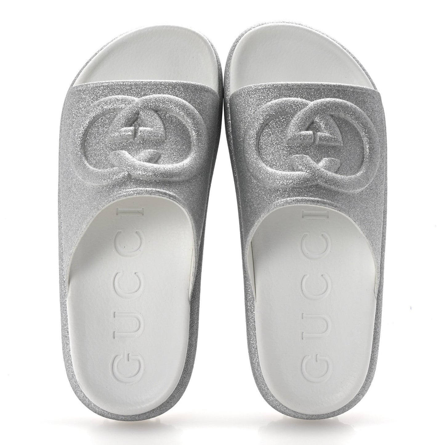 Gucci Glitter Rubber Womens InterLocking G Platform 42mm Slide Sandals 37 Silver