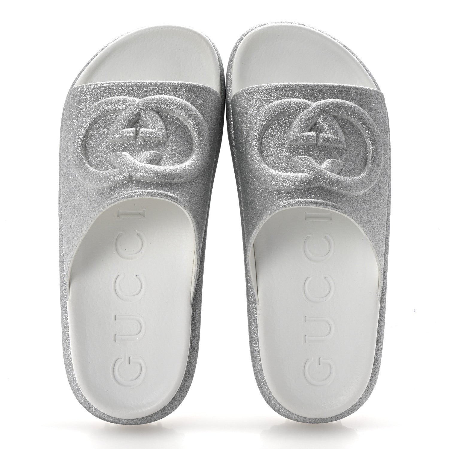 Gucci Glitter Rubber Womens InterLocking G Platform 42mm Slide Sandals 37 Silver