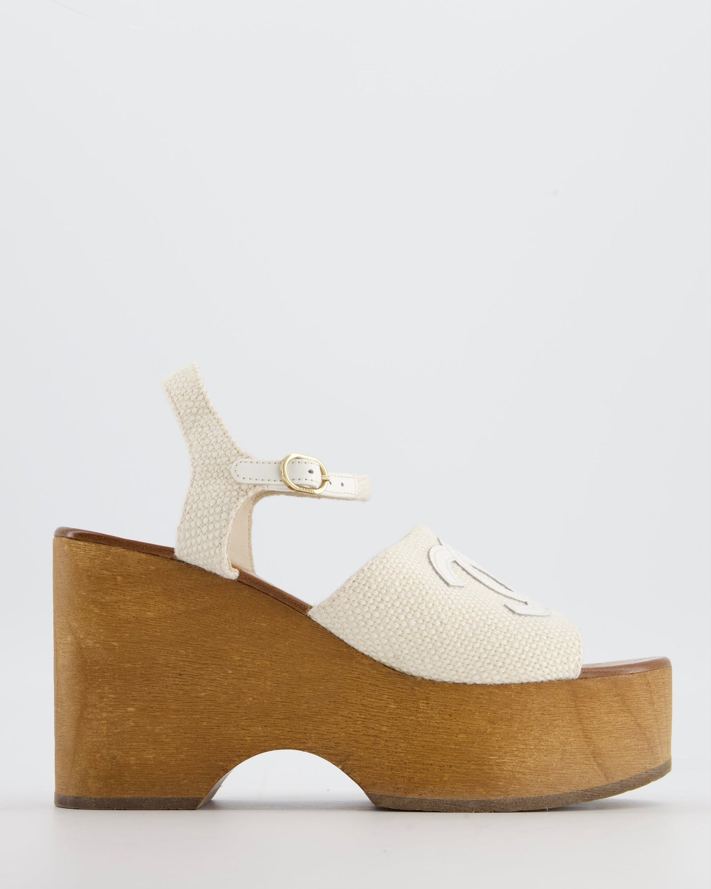 Chanel Cream and Brown Canvas Platform CC Wedge Sandals with Patent Logo Detail Size Eu 38C for Women