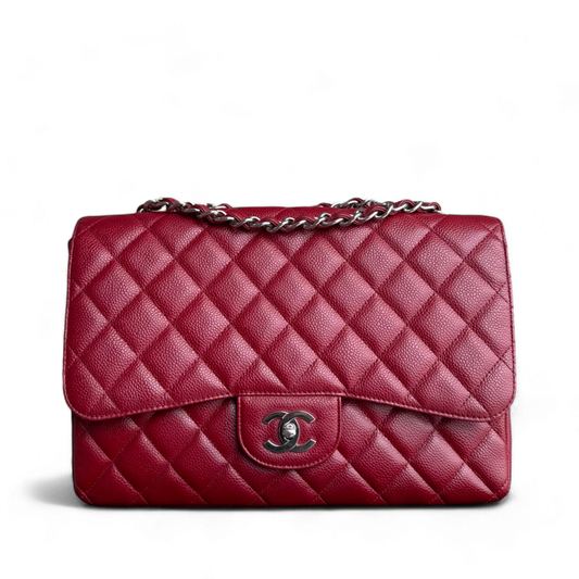 Chanel Classic Flap Jumbo - Caviar 30CM Single Flap Quilted Burgundy Dark Red Silver Hardware Series 13