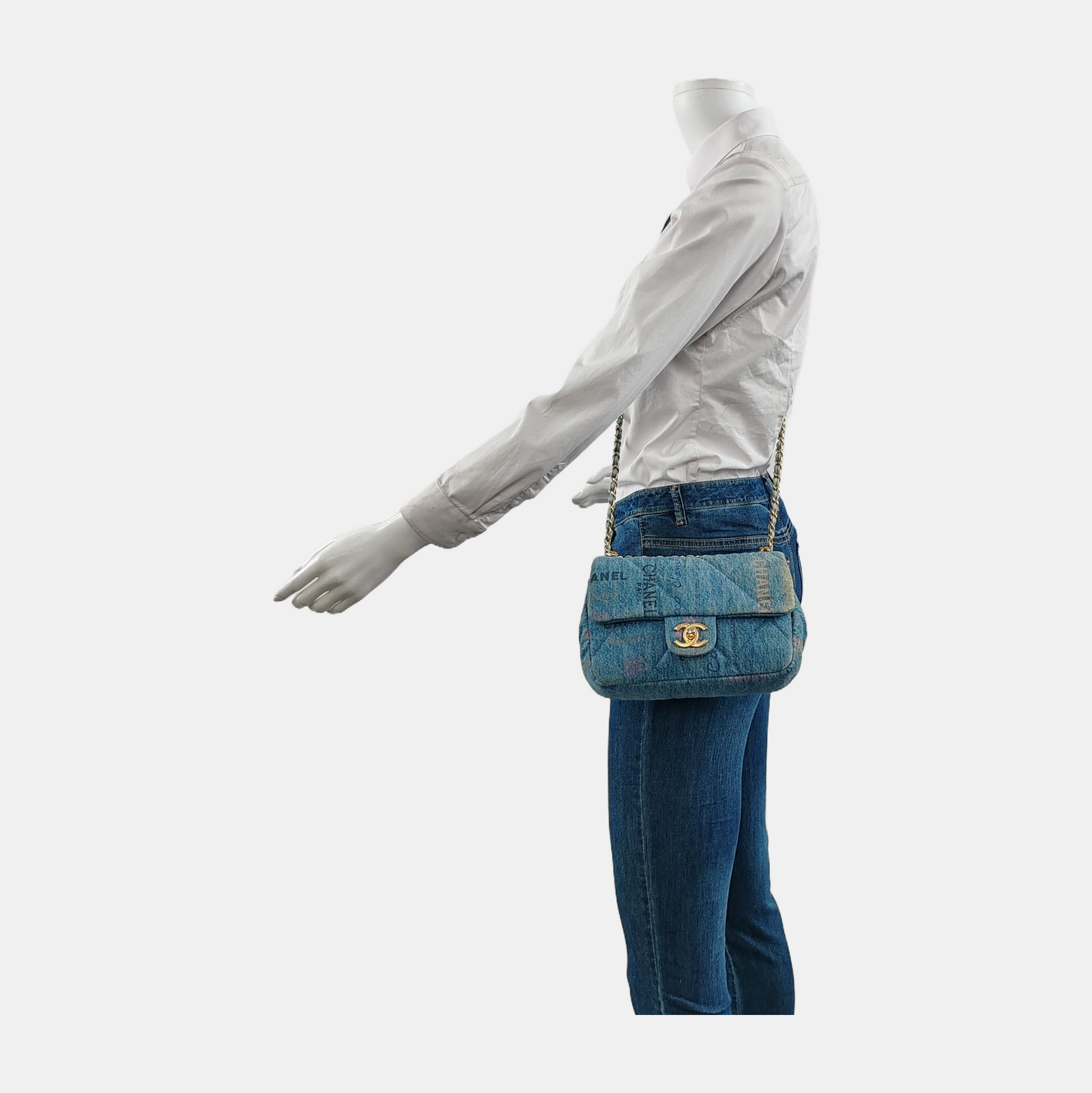 Chanel Classic Flap Rectangular Denim Jeans Hardware Blue Gold Mini Bag