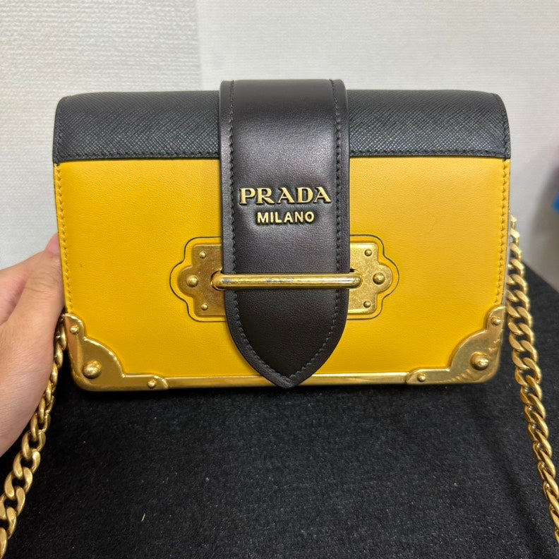 Prada Cahier Crossbody Bag Leather Black Yellow