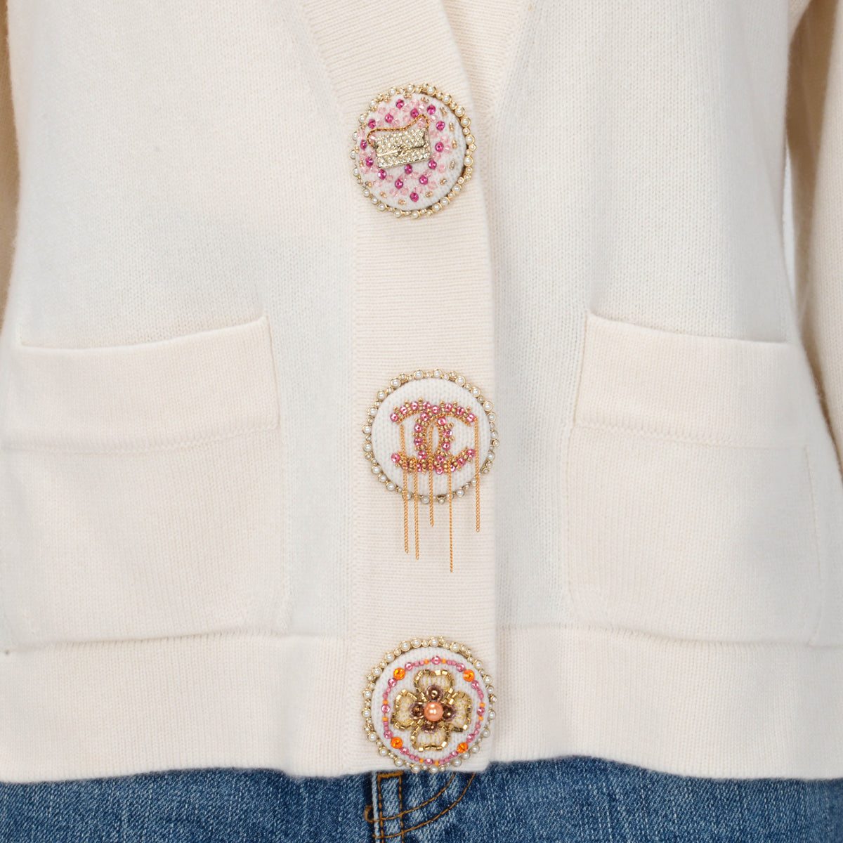 Chanel Cream Cashmere 22A Embellished Button Cardigan Fr 46 Bag