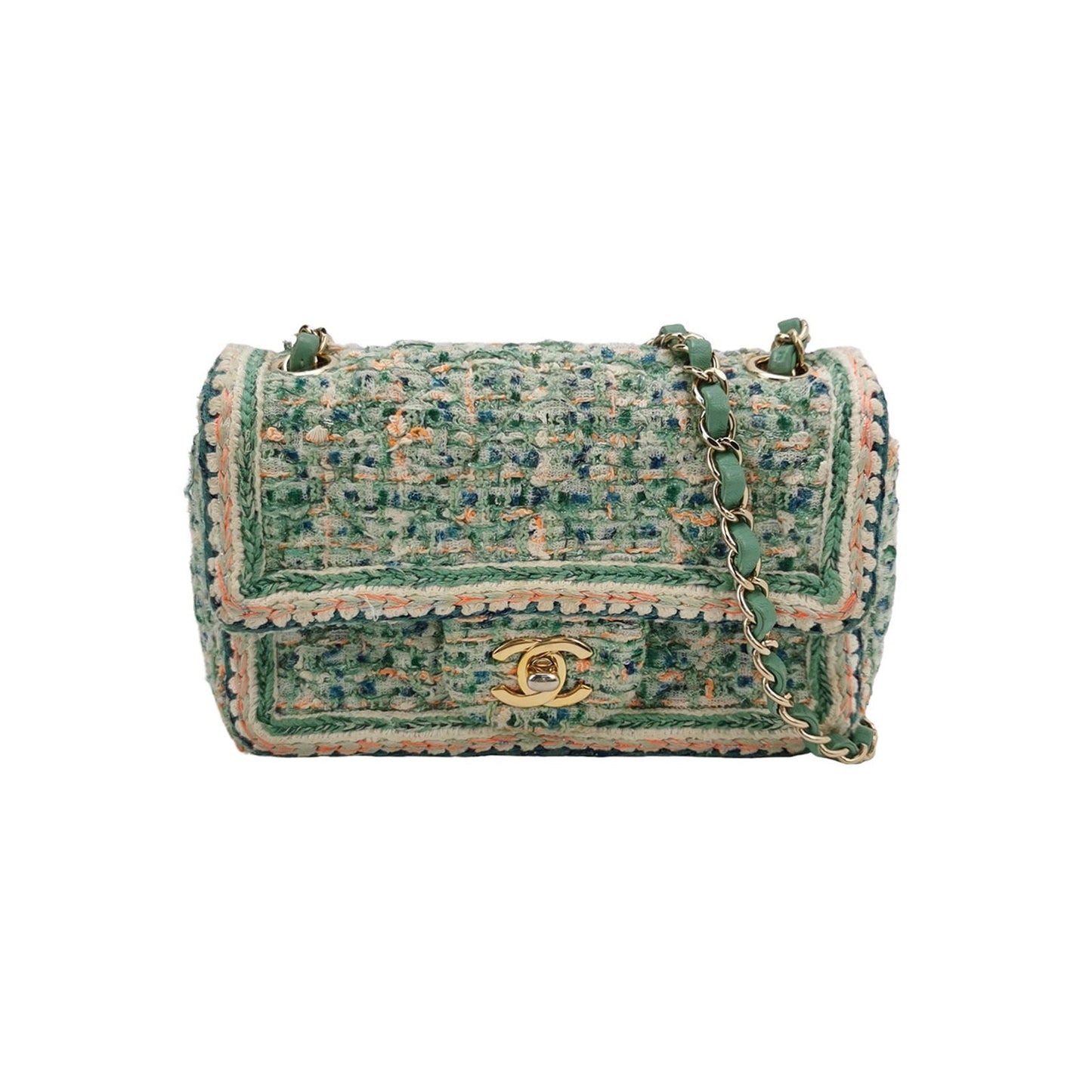 Chanel Classic Flap Rectangular Tweed Hardware -19 Multicolor Green Gold Mini Bag