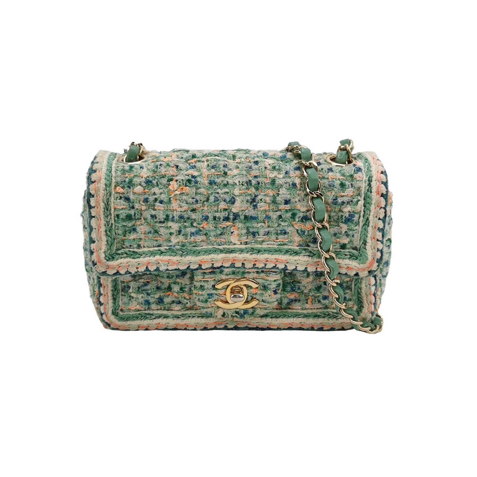 Chanel Classic Flap Rectangular Tweed Hardware -19 Multicolor Green Gold Mini Bag