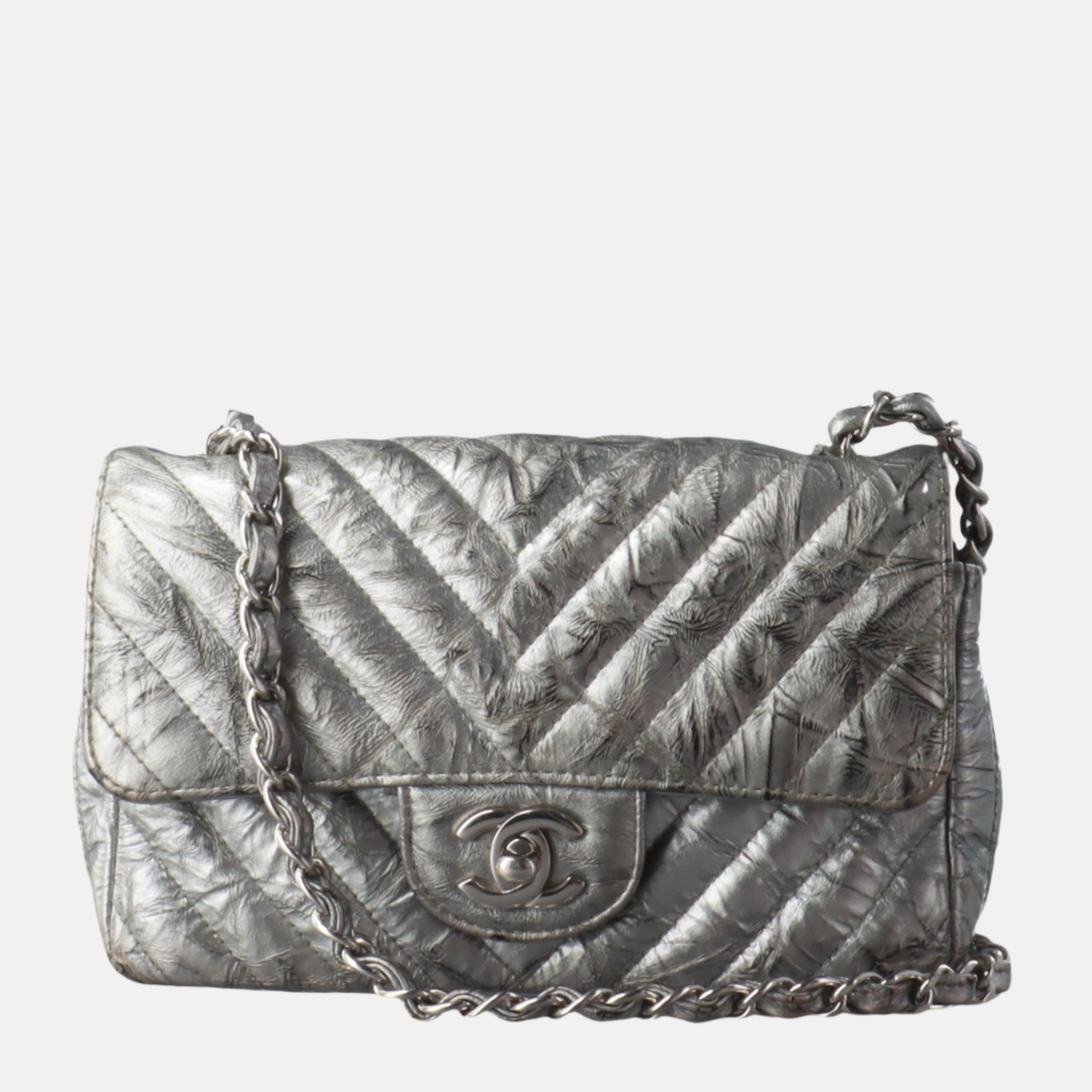 Chanel Classic Flap Rectangular Patent ed Silver Mini Bag